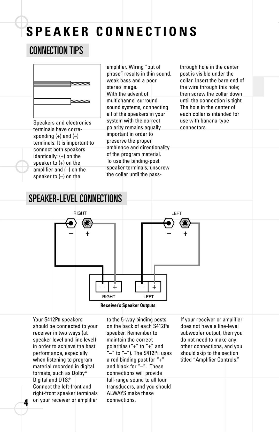 JBL S412PII manual E a K E R C O N N E C T I O N S, Connection Tips, SPEAKER-LEVEL Connections 