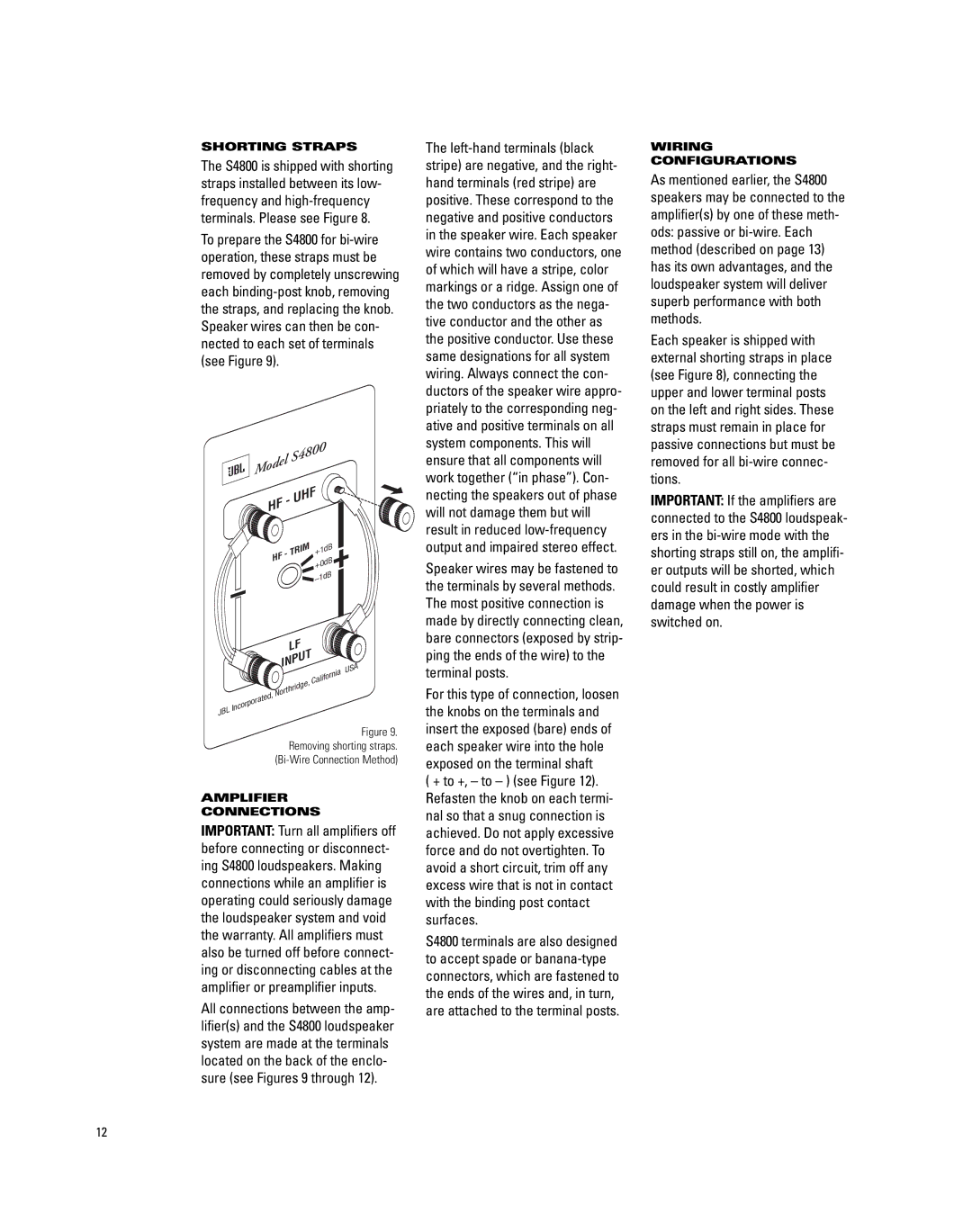 JBL S4800 manual Shorting Straps, Amplifier Connections, Wiring Configurations 