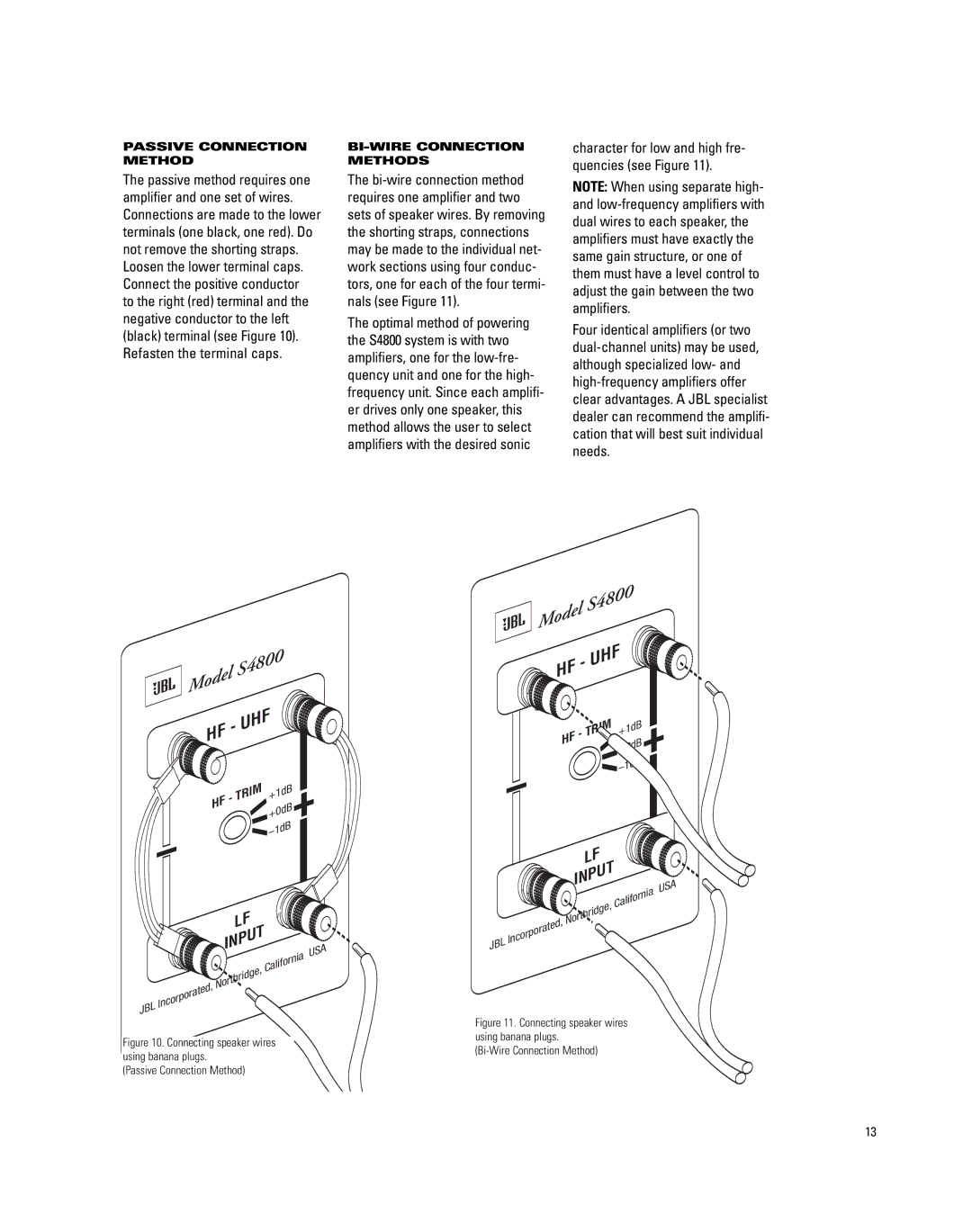 JBL S4800 manual Passive Connection Method, BI-WIRE Connection Methods 