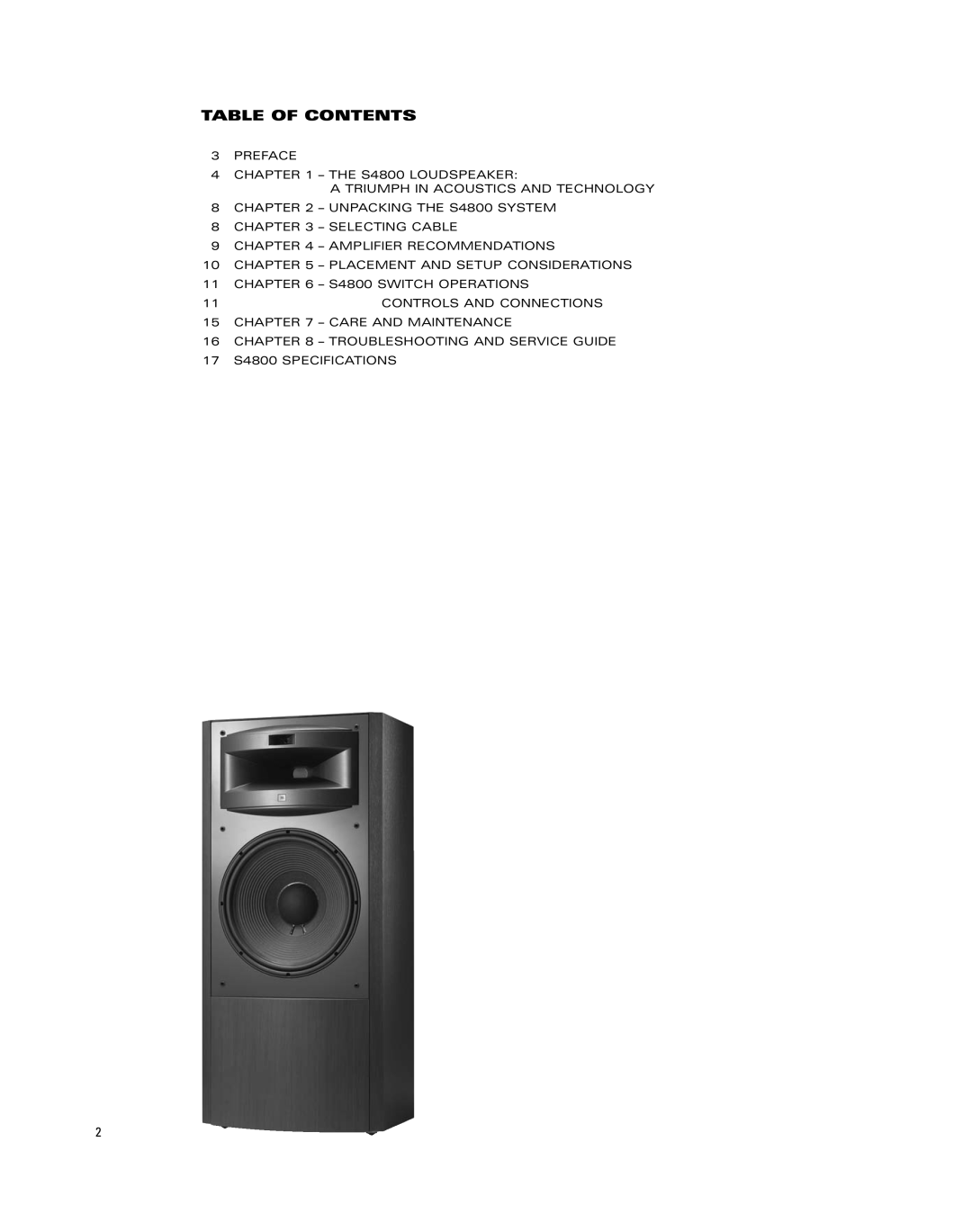 JBL S4800 manual Table Of Contents 