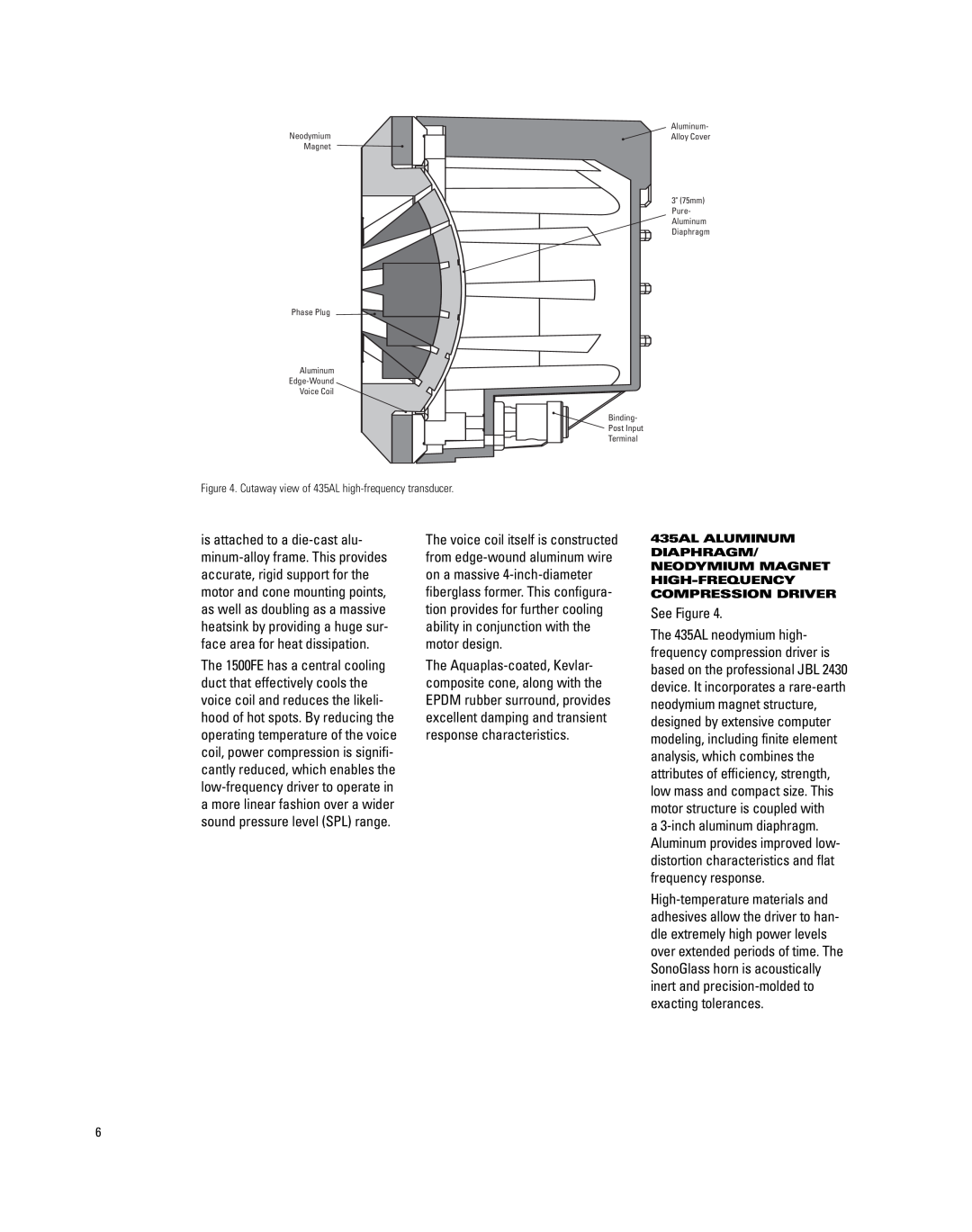 JBL S4800 manual See Figure, Neodymium Magnet Phase Plug Aluminum Edge-Wound, Voice Coil, Aluminum Alloy Cover 