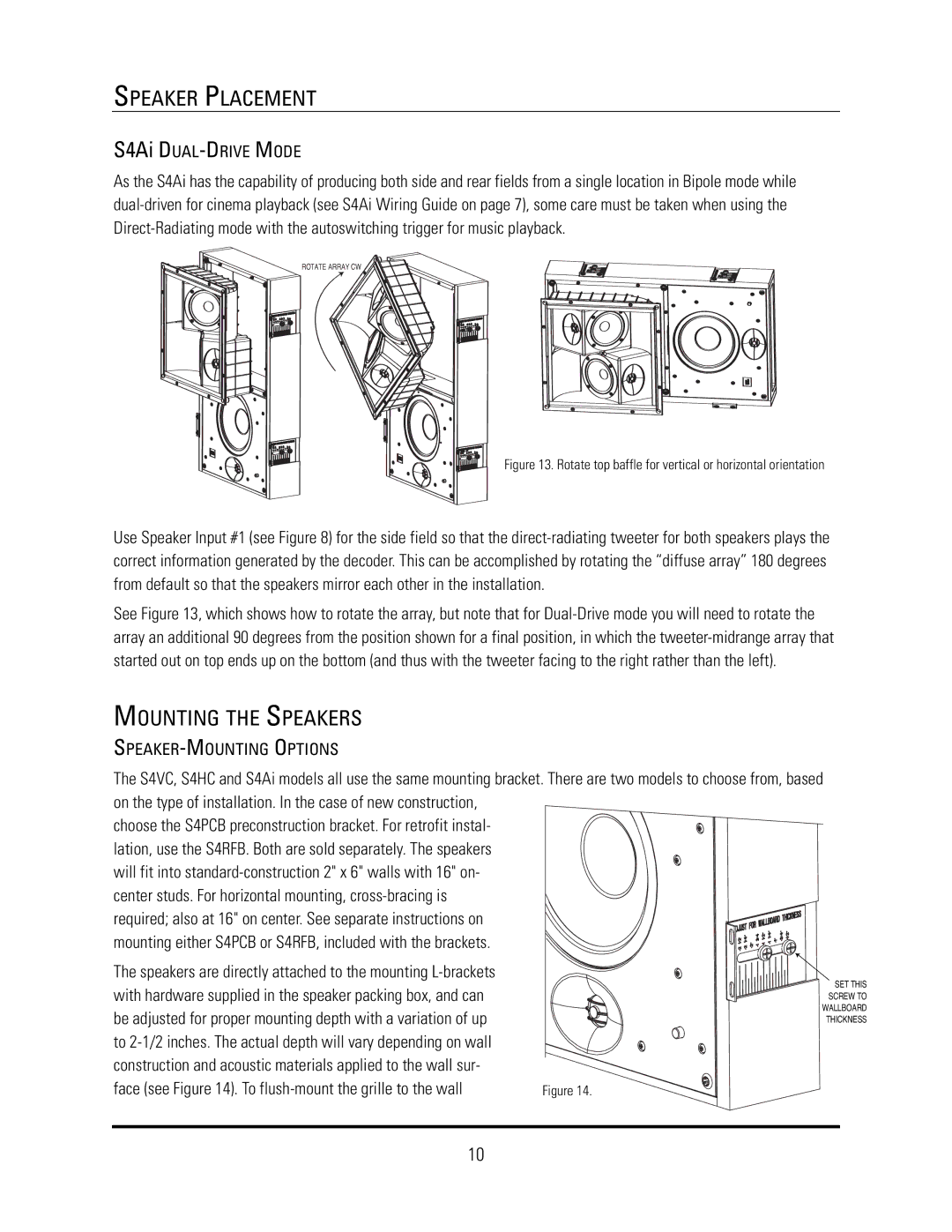 JBL S4Ai, S4HC Mounting the Speakers, Center studs. For horizontal mounting, cross-bracing is, SPEAKER-MOUNTING Options 