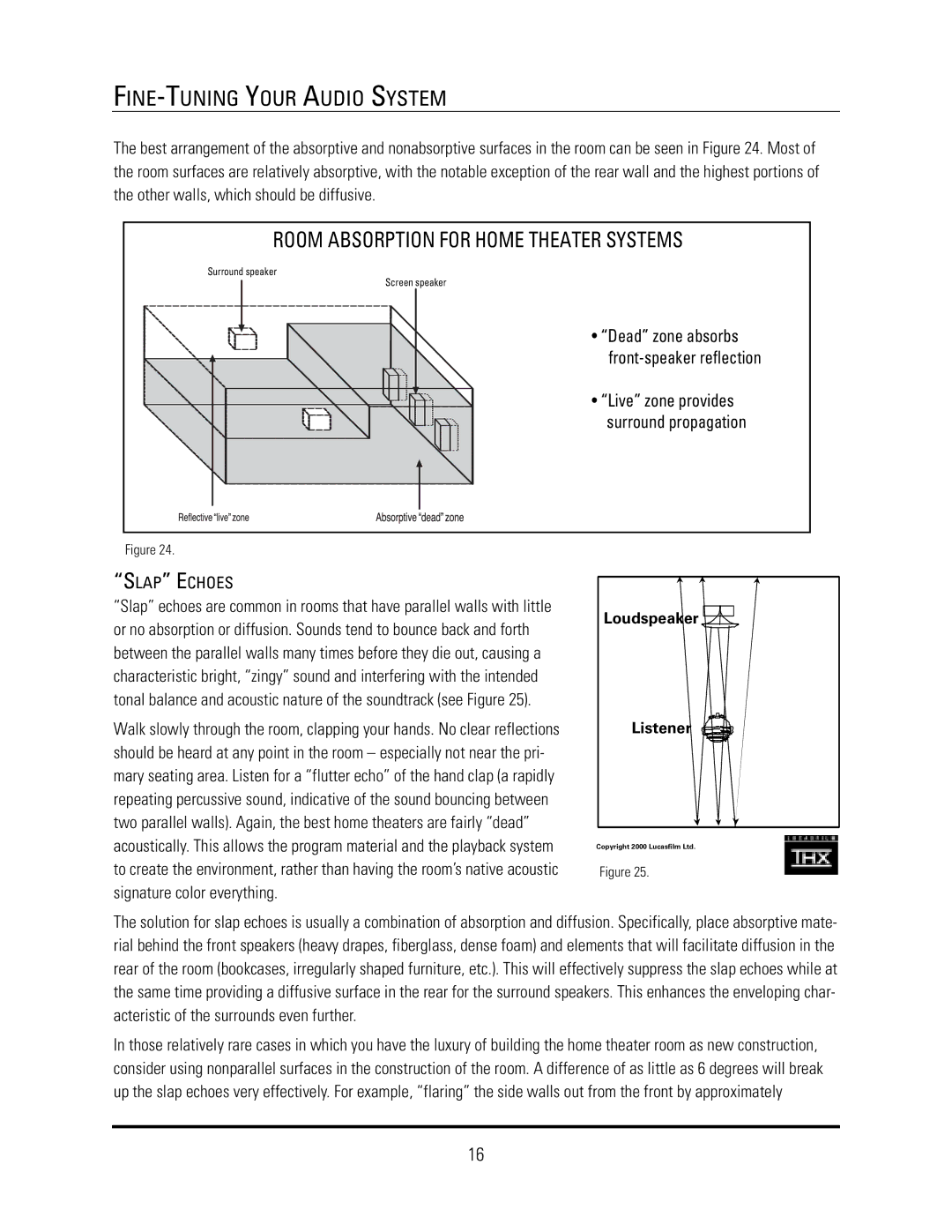 JBL S4Ai, S4HC, S4VC manual Room Absorption for Home Theater Systems, Slap Echoes 