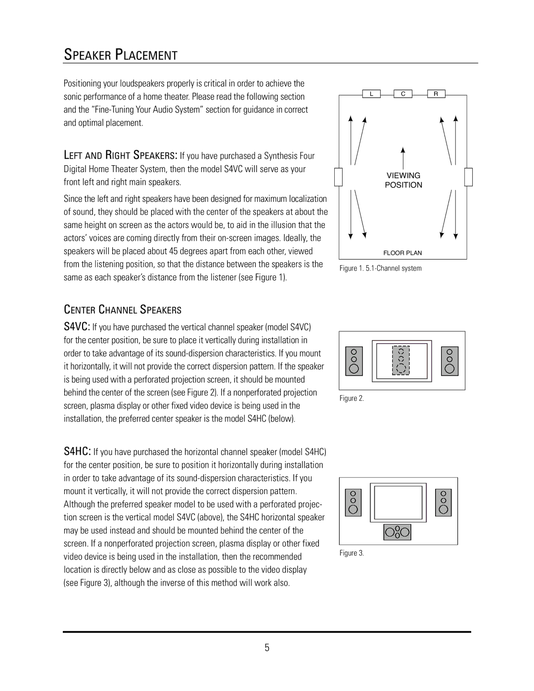 JBL S4VC, S4HC, S4Ai manual Speaker Placement, Center Channel Speakers 