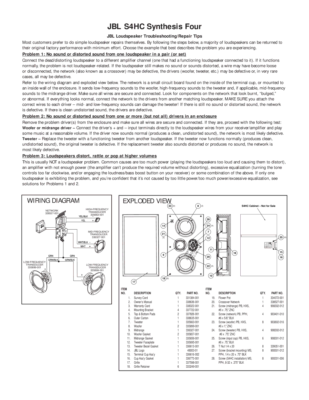 JBL owner manual JBL S4HC Synthesis Four, Exploded View, Wiring Diagram, JBL Loudspeaker Troubleshooting/Repair Tips 