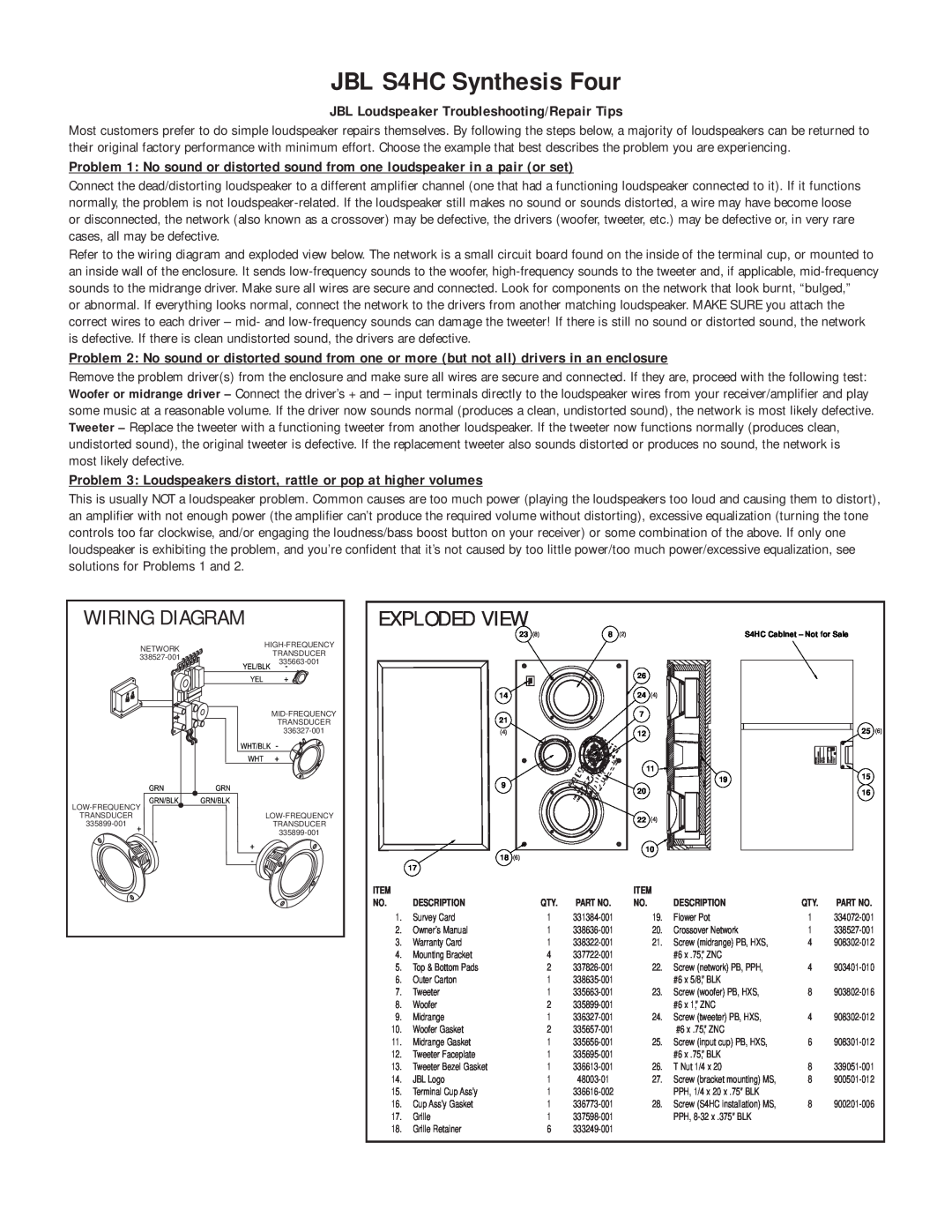 JBL owner manual JBL S4HC Synthesis Four, Exploded View, Wiring Diagram, JBL Loudspeaker Troubleshooting/Repair Tips 