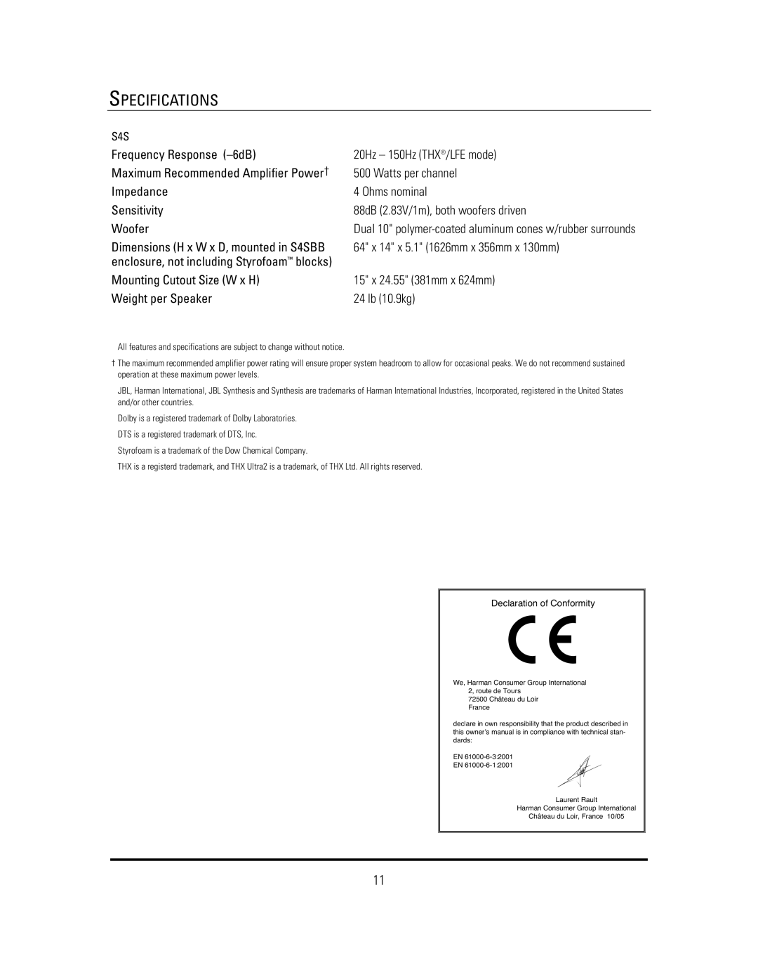 JBL S4S manual Specifications 