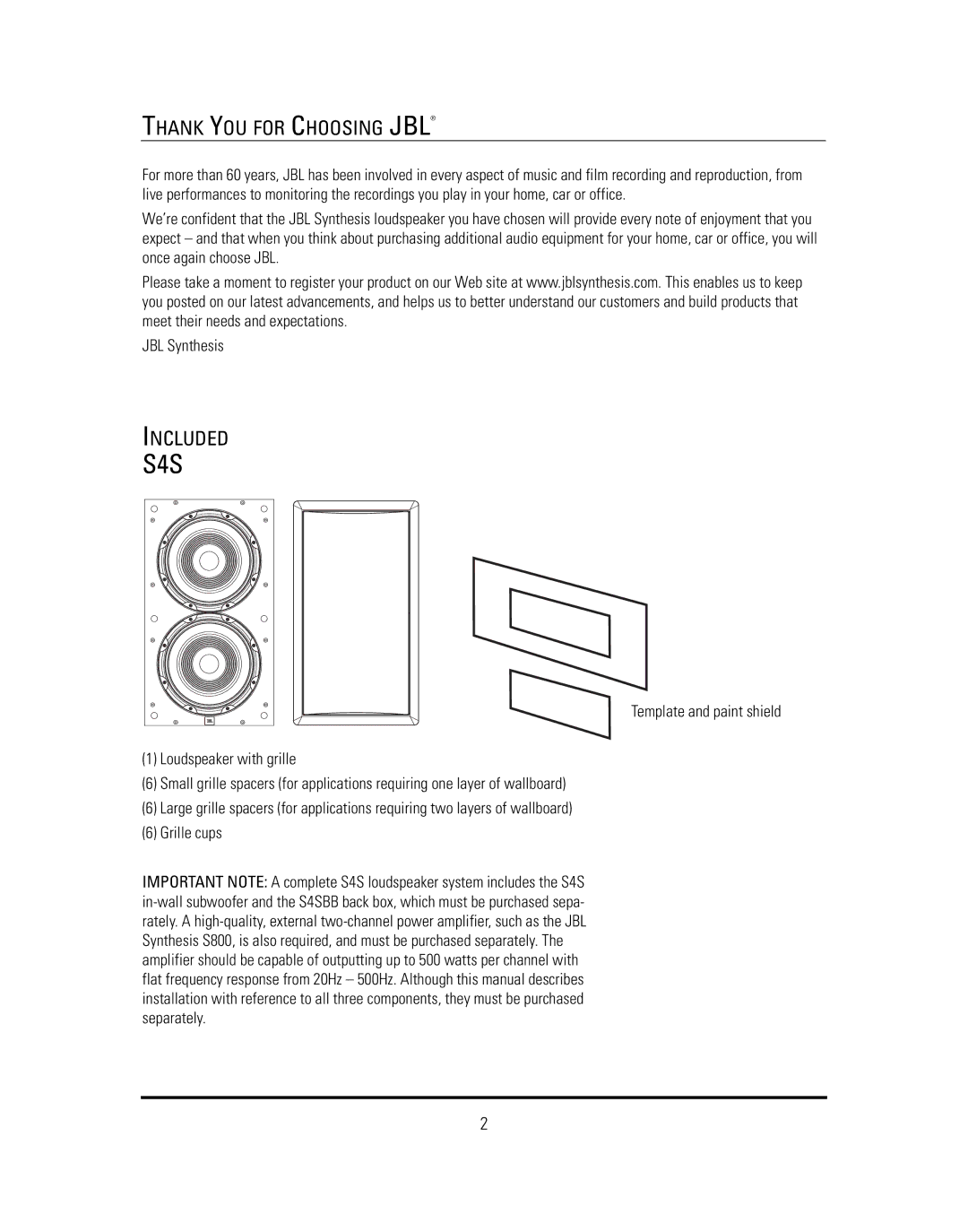 JBL S4S manual Thank YOU for Choosing JBL, Included 