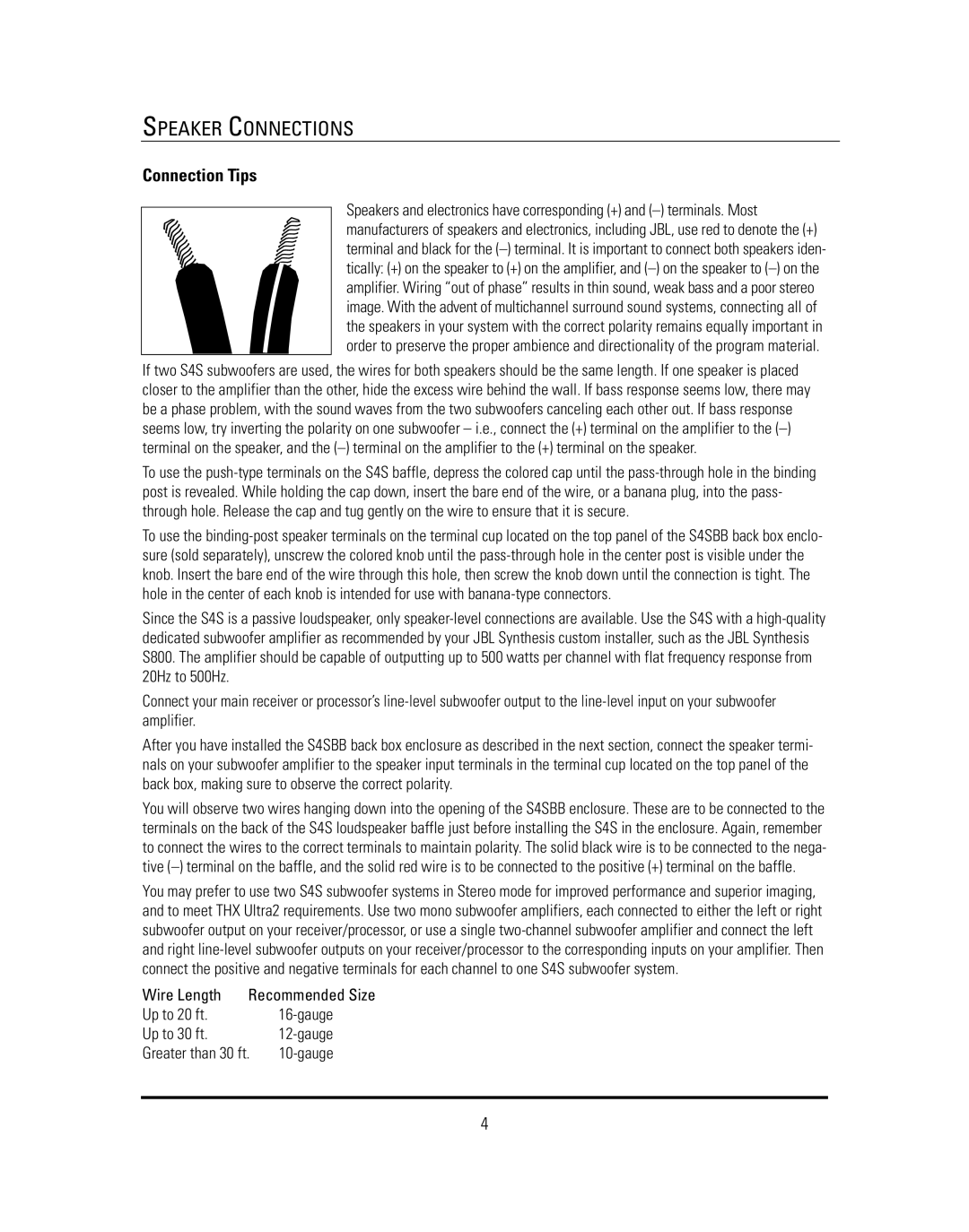 JBL S4S manual Speaker Connections, Connection Tips 