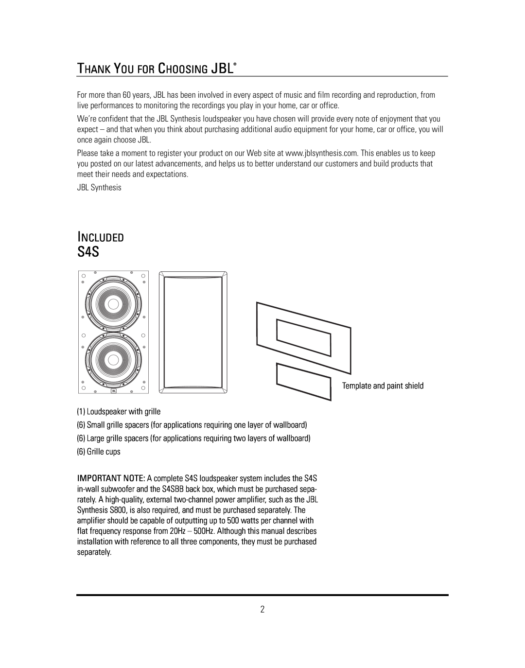 JBL S4S manual Thank You For Choosing Jbl, Included 