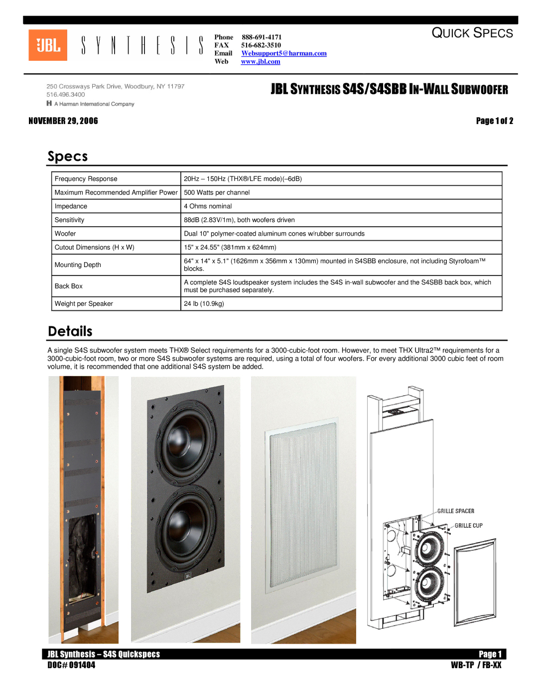 JBL S4SBB dimensions Specs, Details 