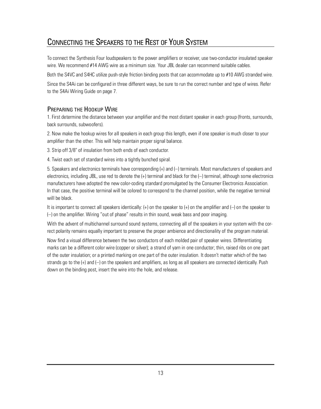 JBL S4HC &S4Ai, S4VC, S4HC, S4Ai manual Connecting the Speakers to the Rest of Your System, Preparing the Hookup Wire 