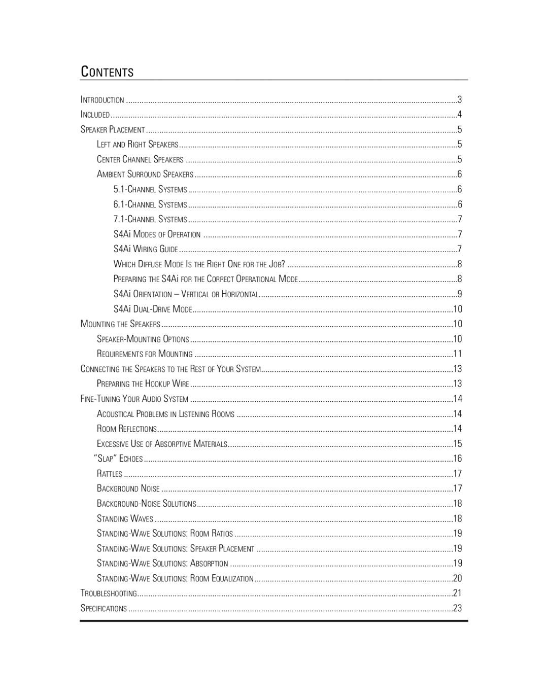 JBL S4VC, S4HC, S4Ai, S4HC &S4Ai manual Contents 