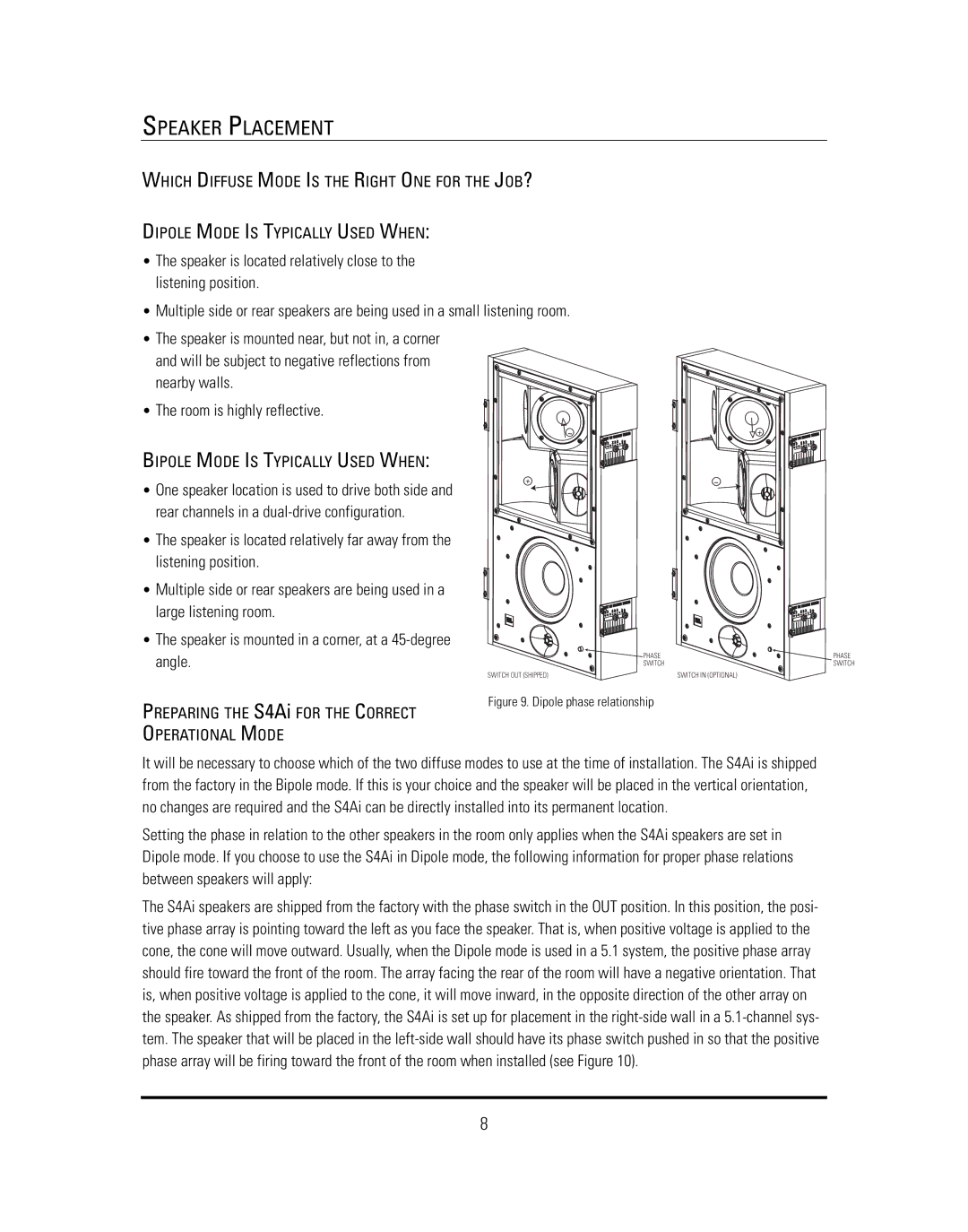 JBL S4VC, S4HC, S4Ai, S4HC &S4Ai manual Room is highly reflective, Bipole Mode is Typically Used When 