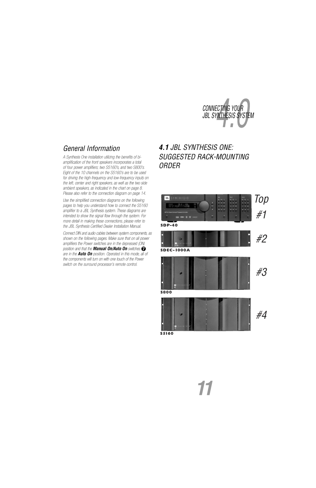 JBL S5160 user manual General Information, JBL Synthesis ONE Suggested RACK-MOUNTING Order 