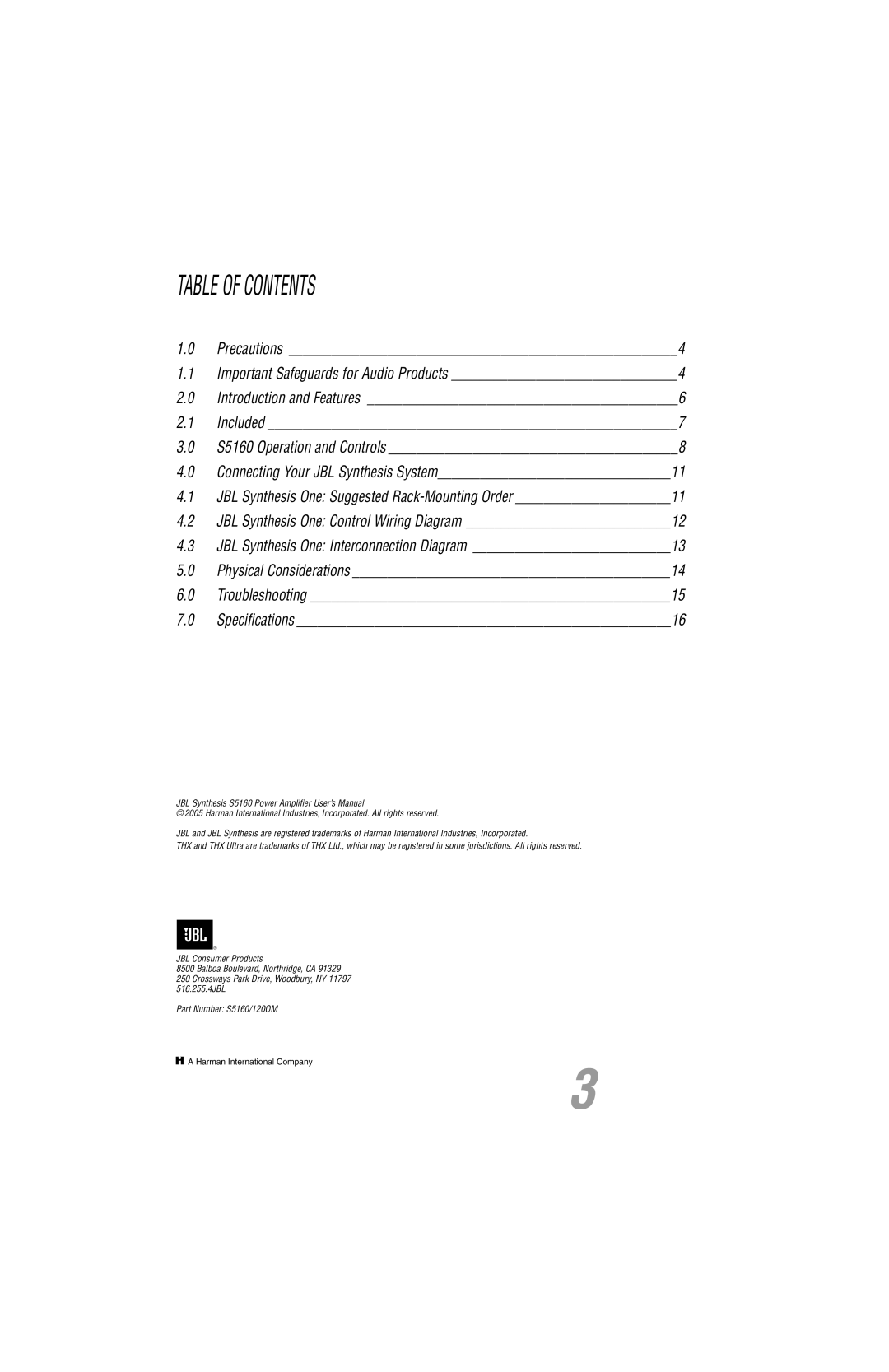 JBL S5160 user manual Table of Contents 