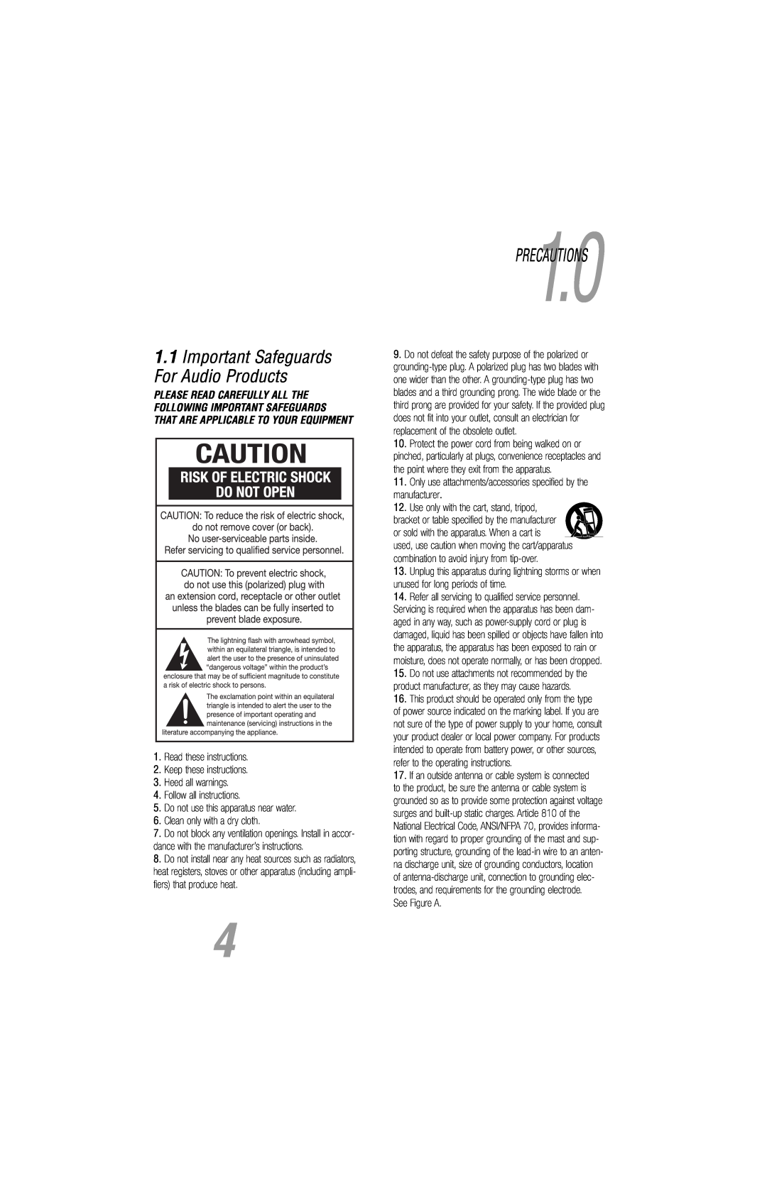 JBL S5160 PRECAUTIONS1.0, 1.1Important Safeguards For Audio Products, Read these instructions, Follow all instructions 