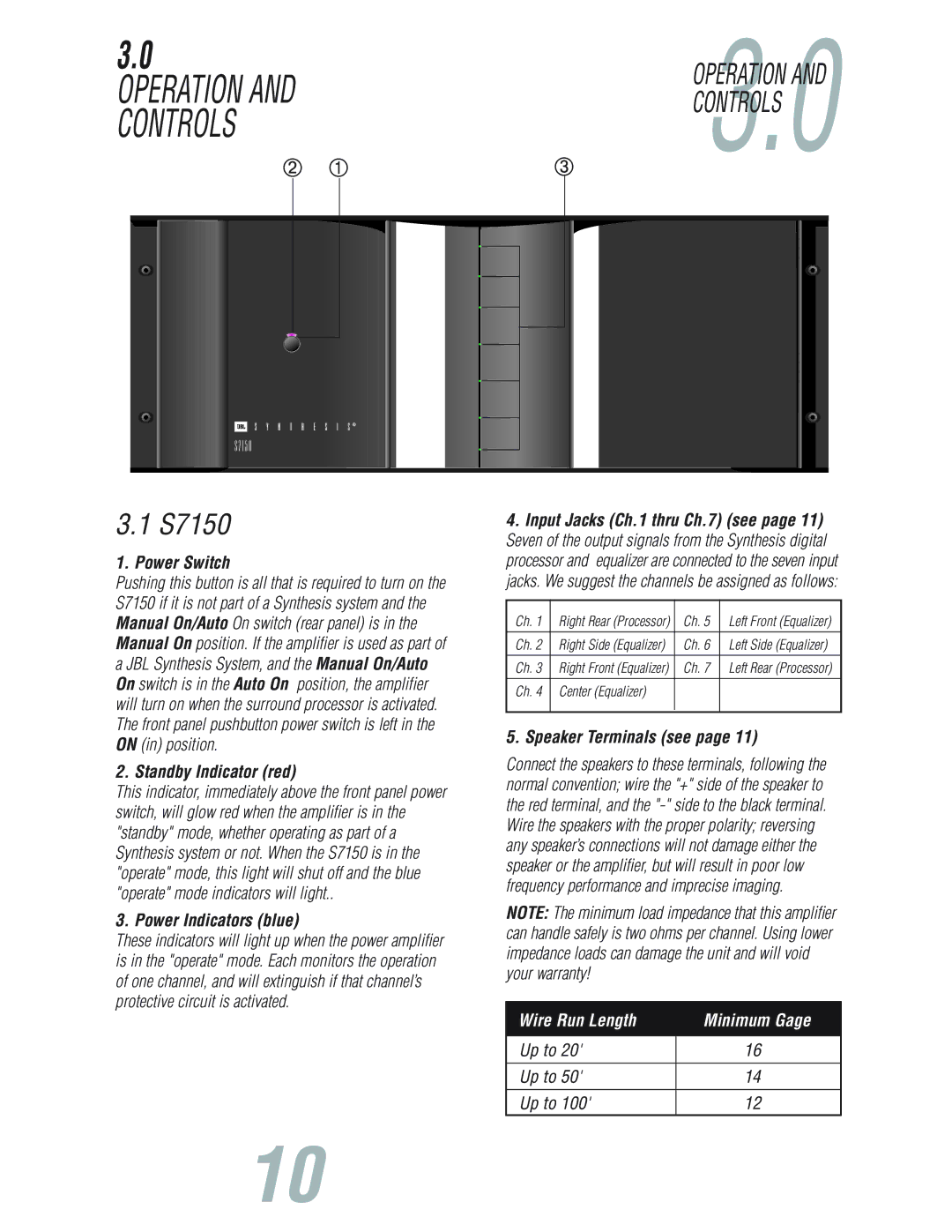 JBL S7150 user manual Operation, Controls, Wire Run Length Rec. Ga 