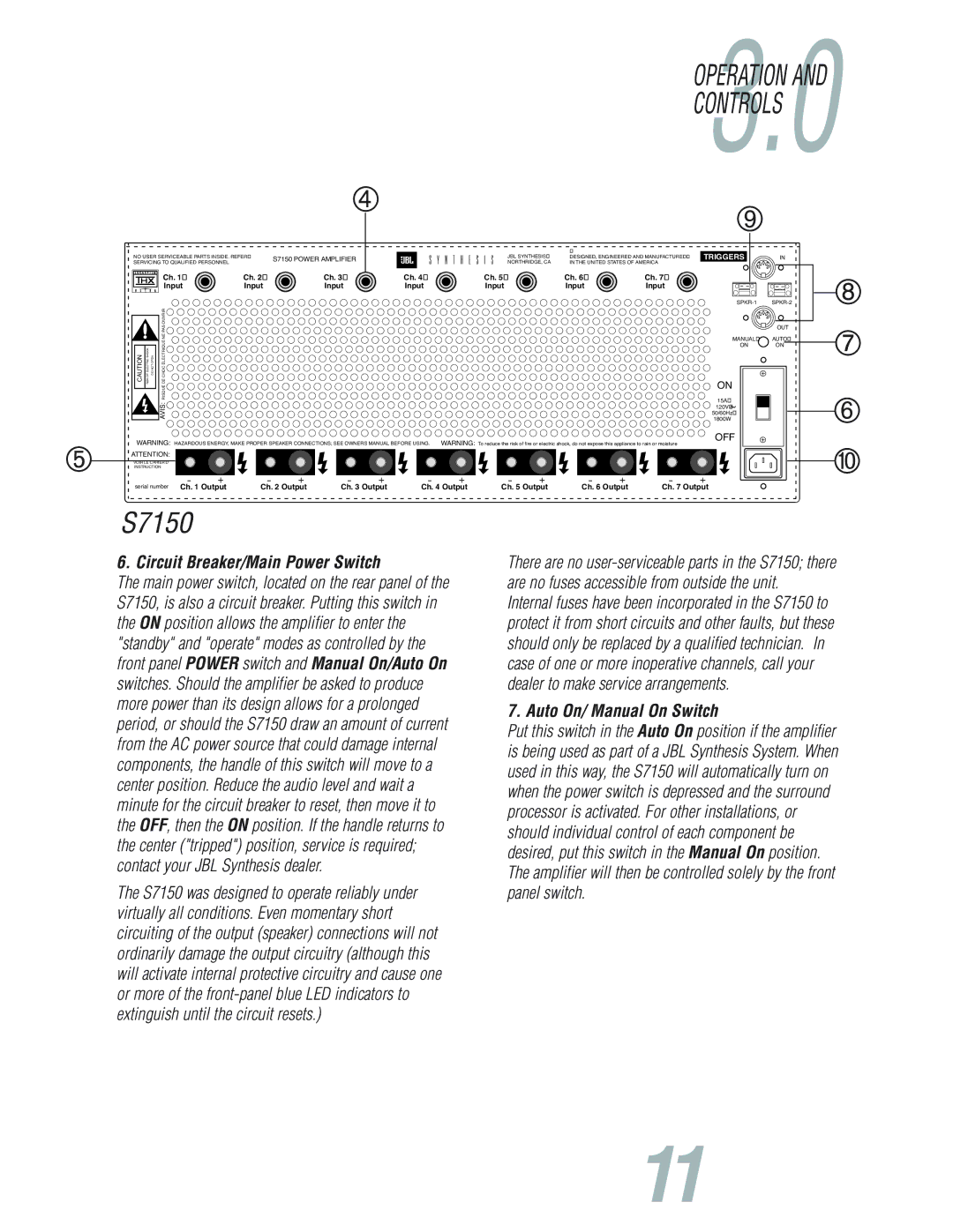 JBL S7150 user manual Circuit Breaker/Main Power Switch, Auto On/ Manual On Switch 