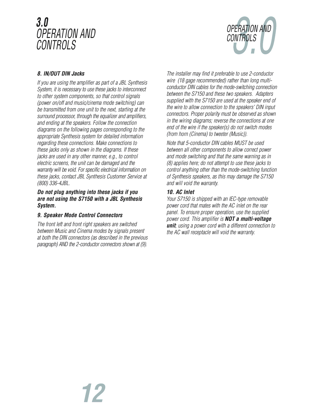 JBL S7150 user manual Operation Controls, IN/OUT DIN Jacks, AC Inlet 