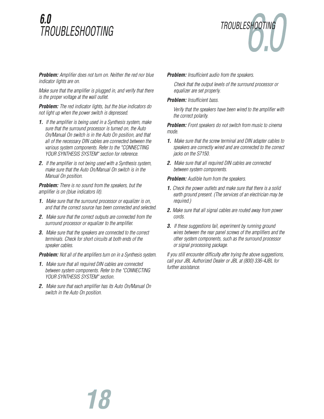 JBL S7150 user manual Troubleshooting 