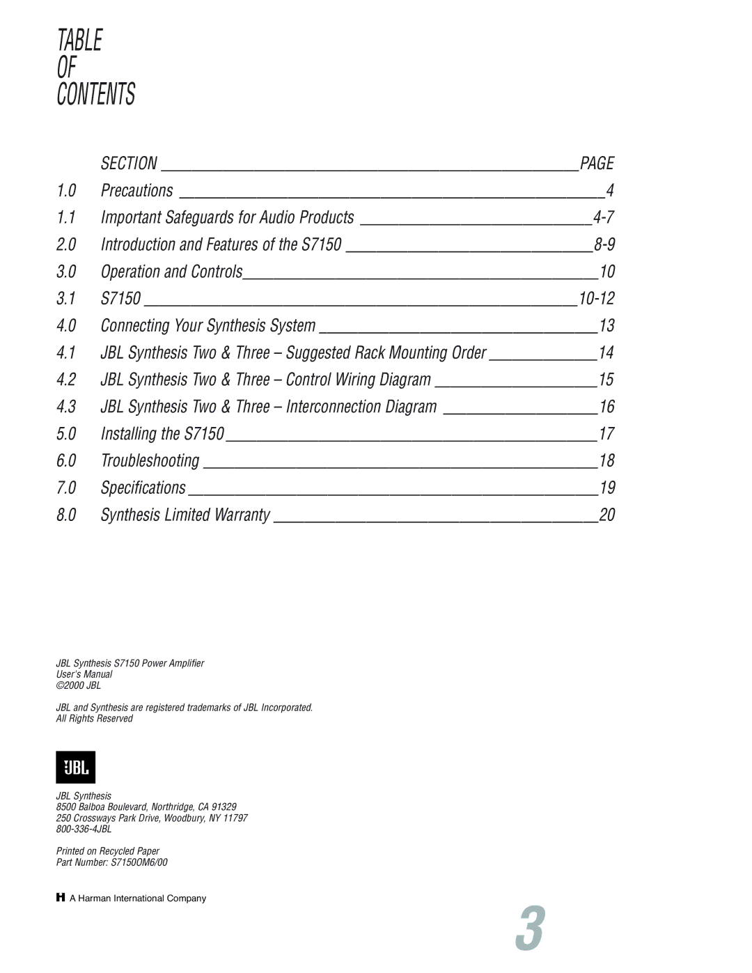 JBL S7150 user manual Contents 