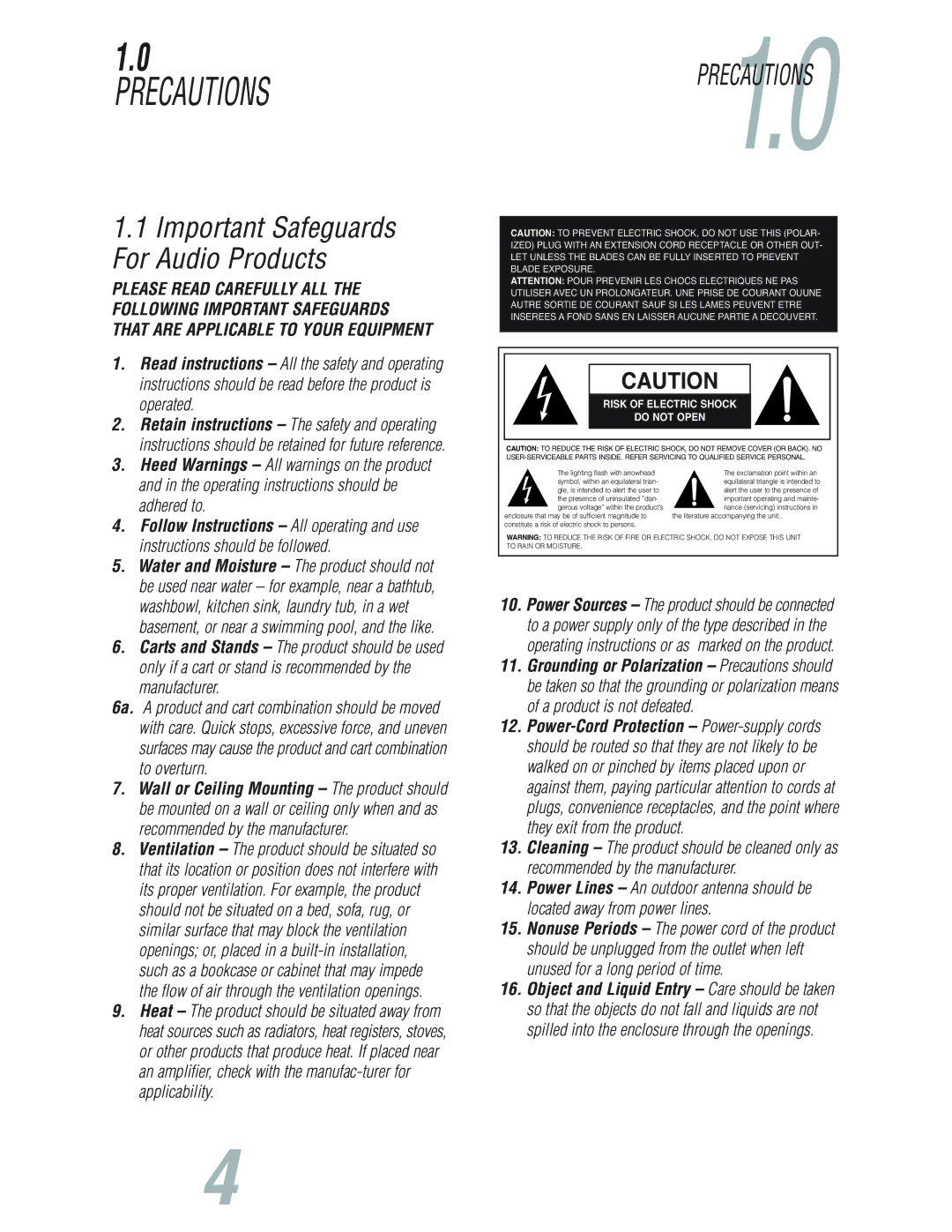 JBL S7150 user manual Precautions, PRECAUTIONS1.0 