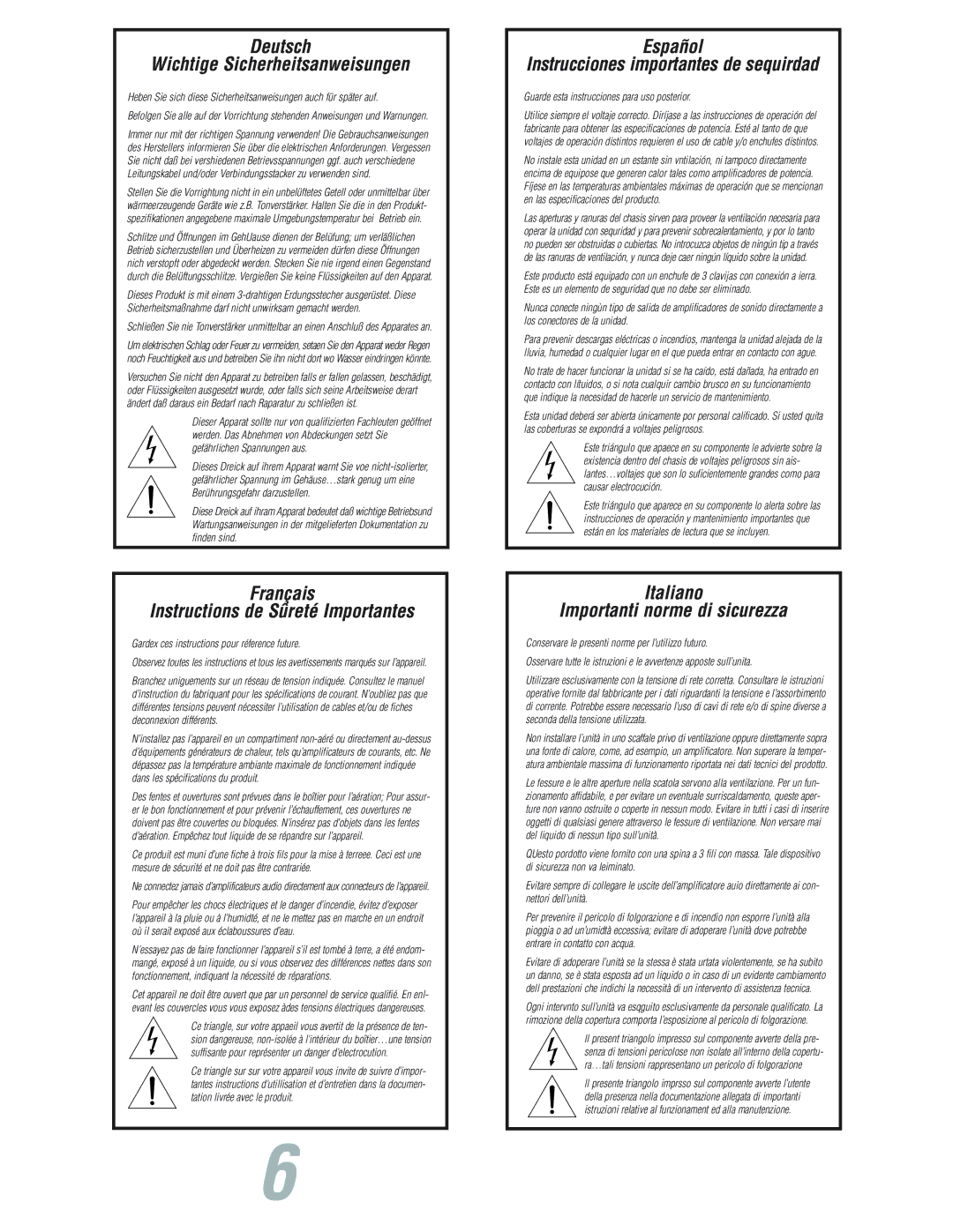 JBL S7150 user manual Deutsch Wichtige Sicherheitsanweisungen, Français Instructions de Sûreté Importantes 