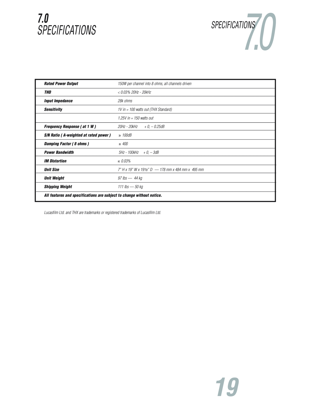 JBL S7150 user manual Specifications 