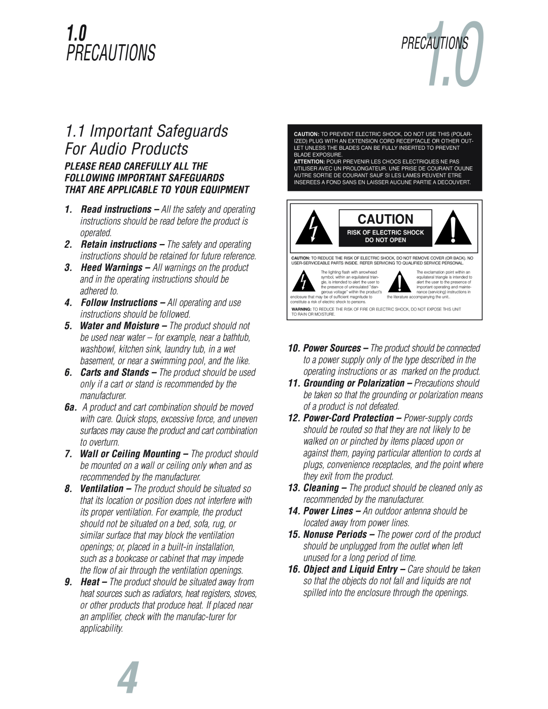 JBL S7150 user manual Precautions, PRECAUTIONS1.0, 1.1Important Safeguards For Audio Products 