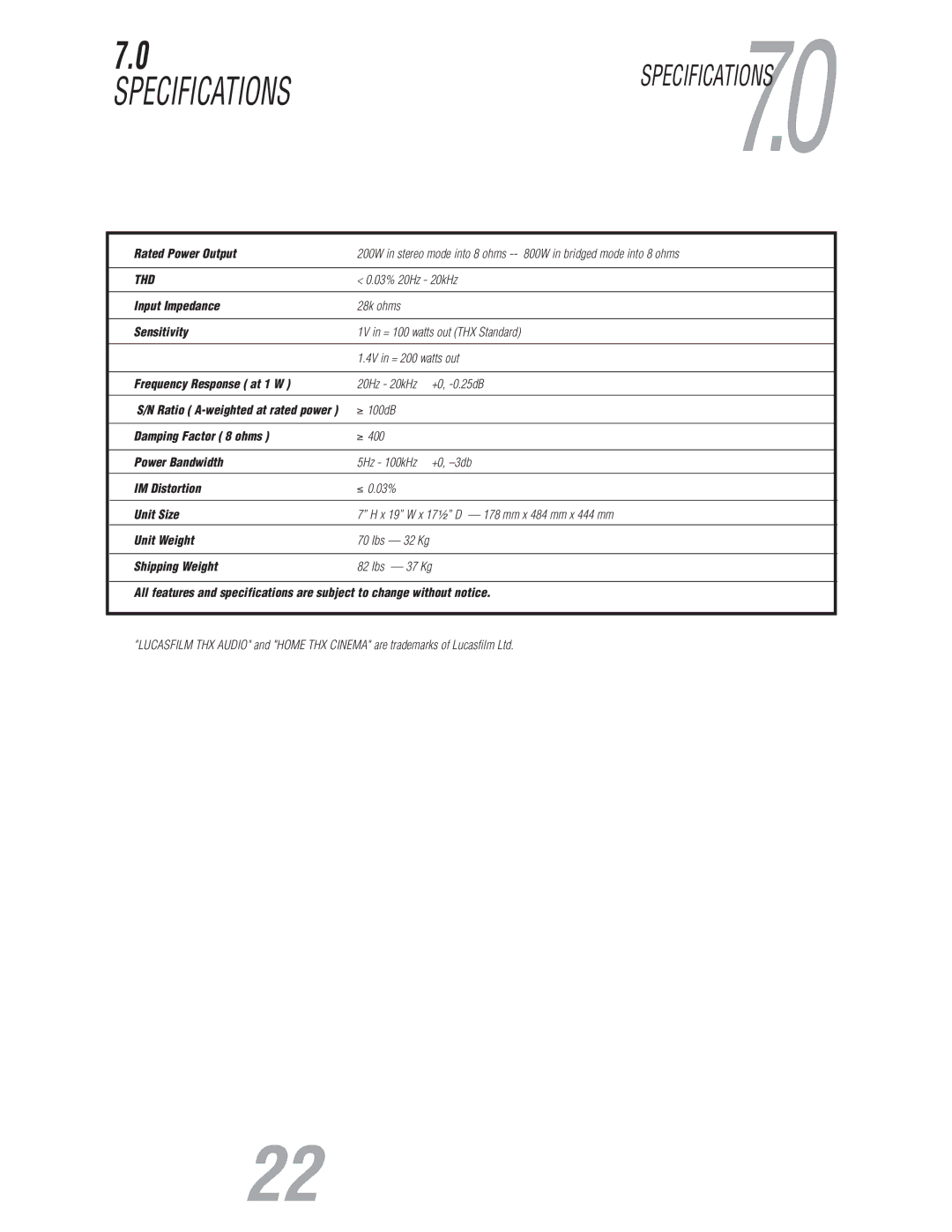 JBL S800 user manual Specifications 