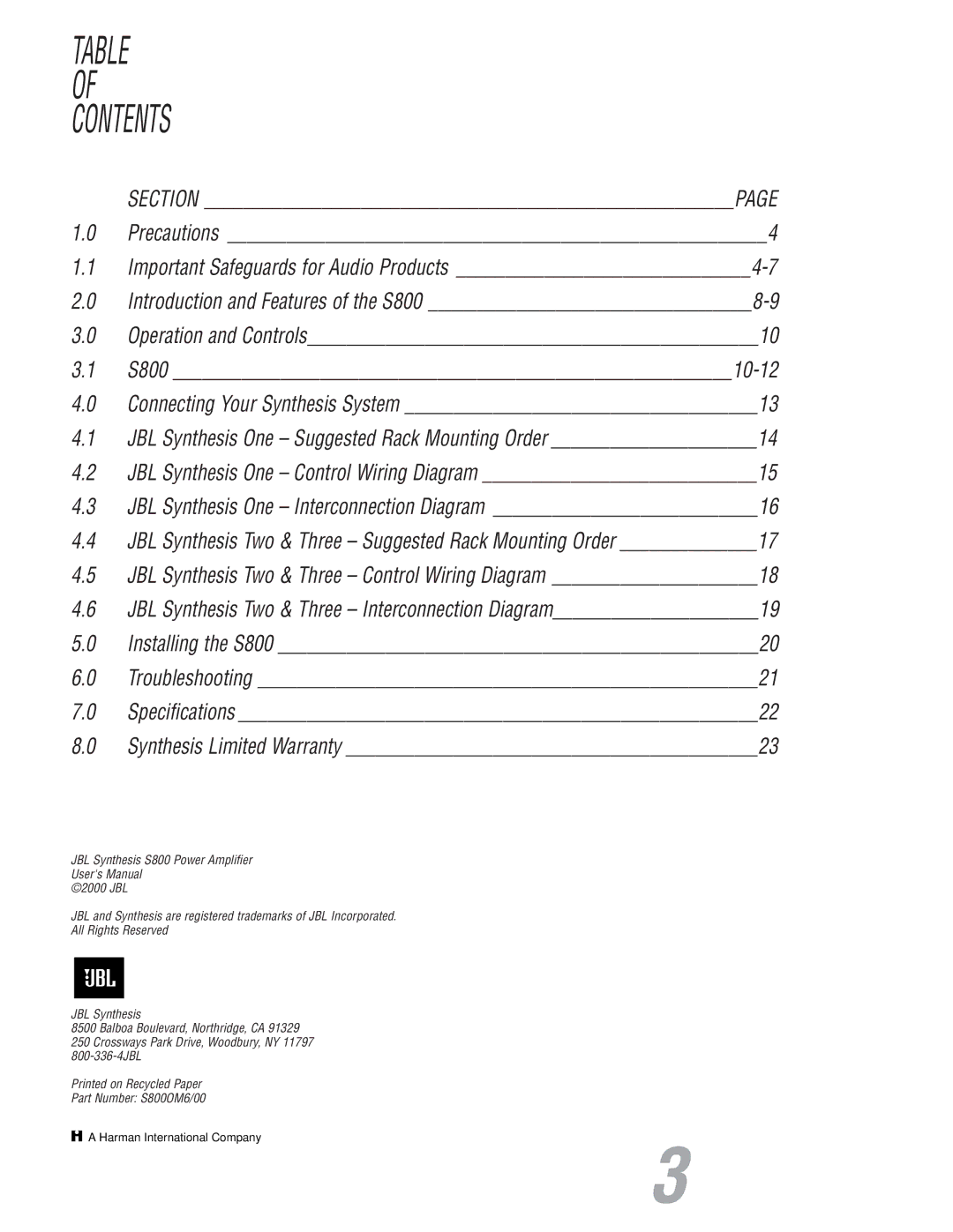 JBL S800 user manual Contents 