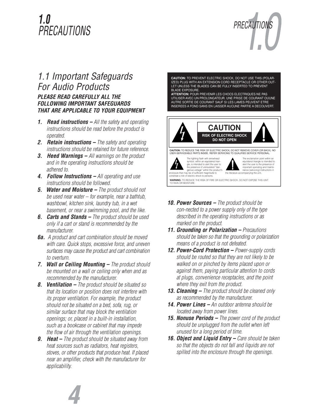 JBL S800 user manual Precautions, PRECAUTIONS1.0, Important Safeguards For Audio Products 