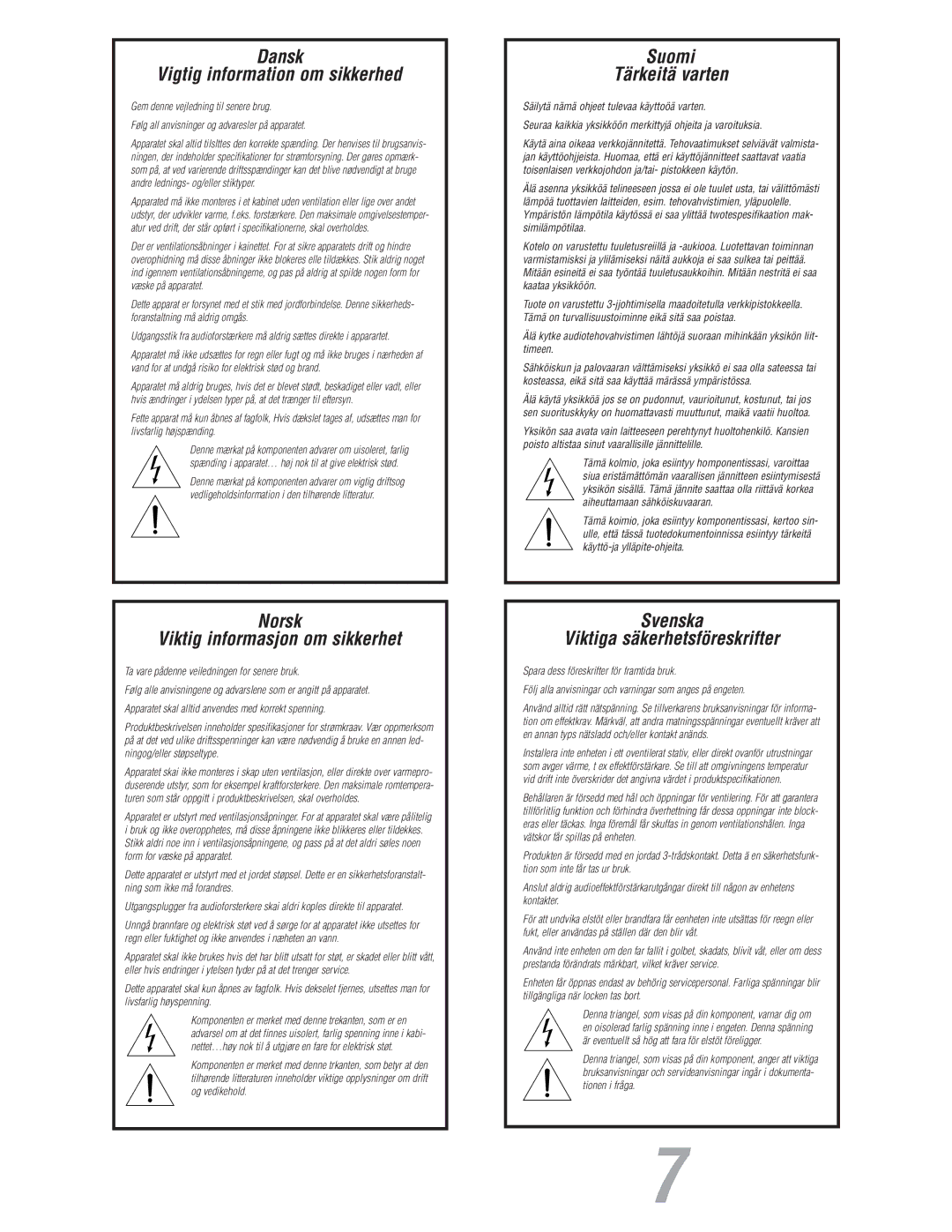 JBL S800 user manual Dansk Vigtig information om sikkerhed 