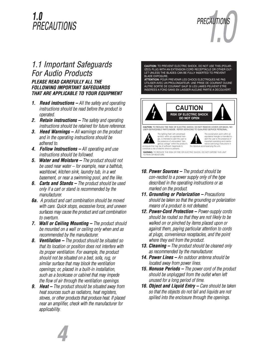 JBL S800 user manual Precautions, PRECAUTIONS1.0, 1.1Important Safeguards For Audio Products 