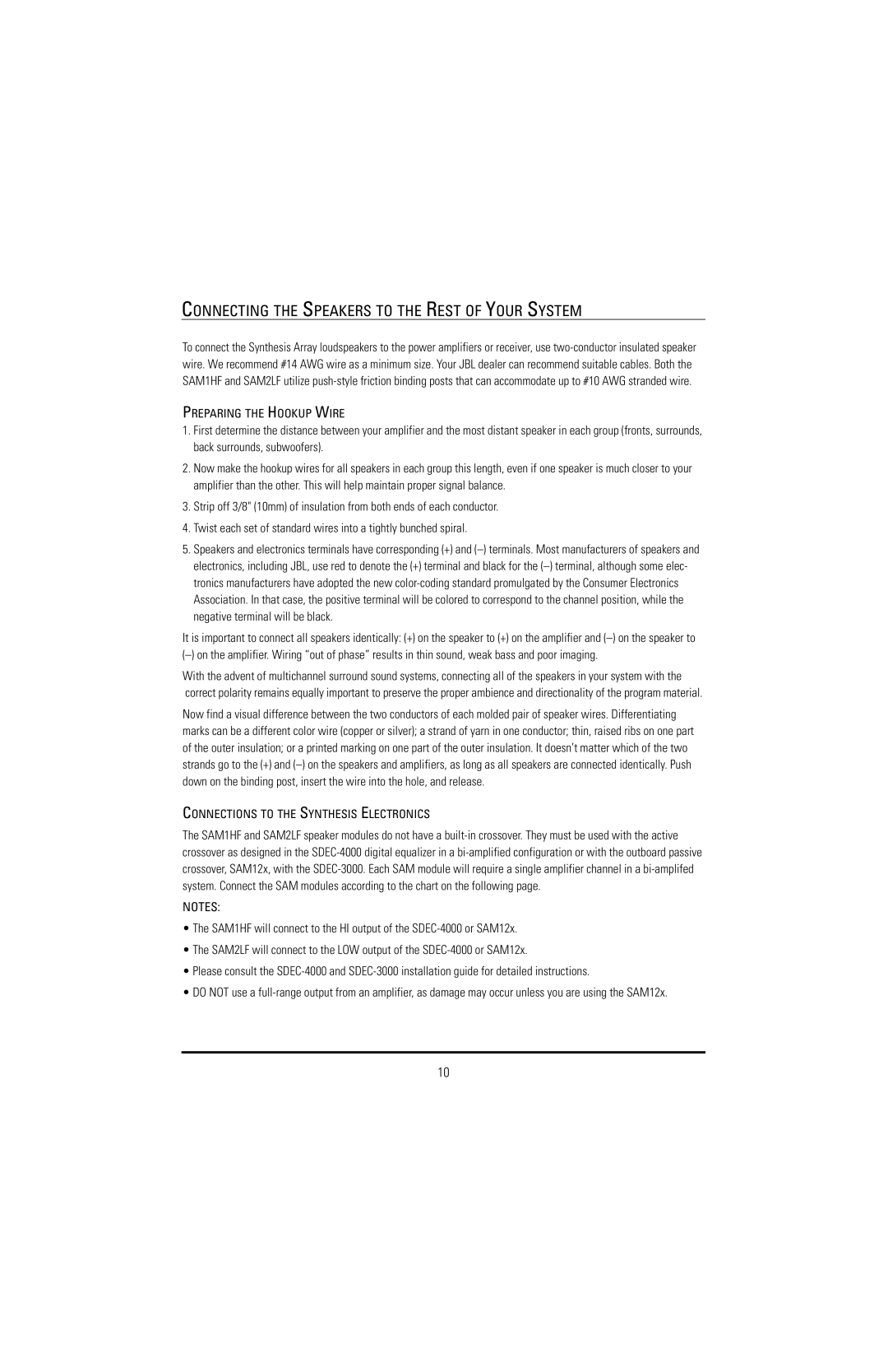 JBL SAM2LF, SAM1HF manual Connecting the Speakers to the Rest of Your System, Connections to the Synthesis Electronics 