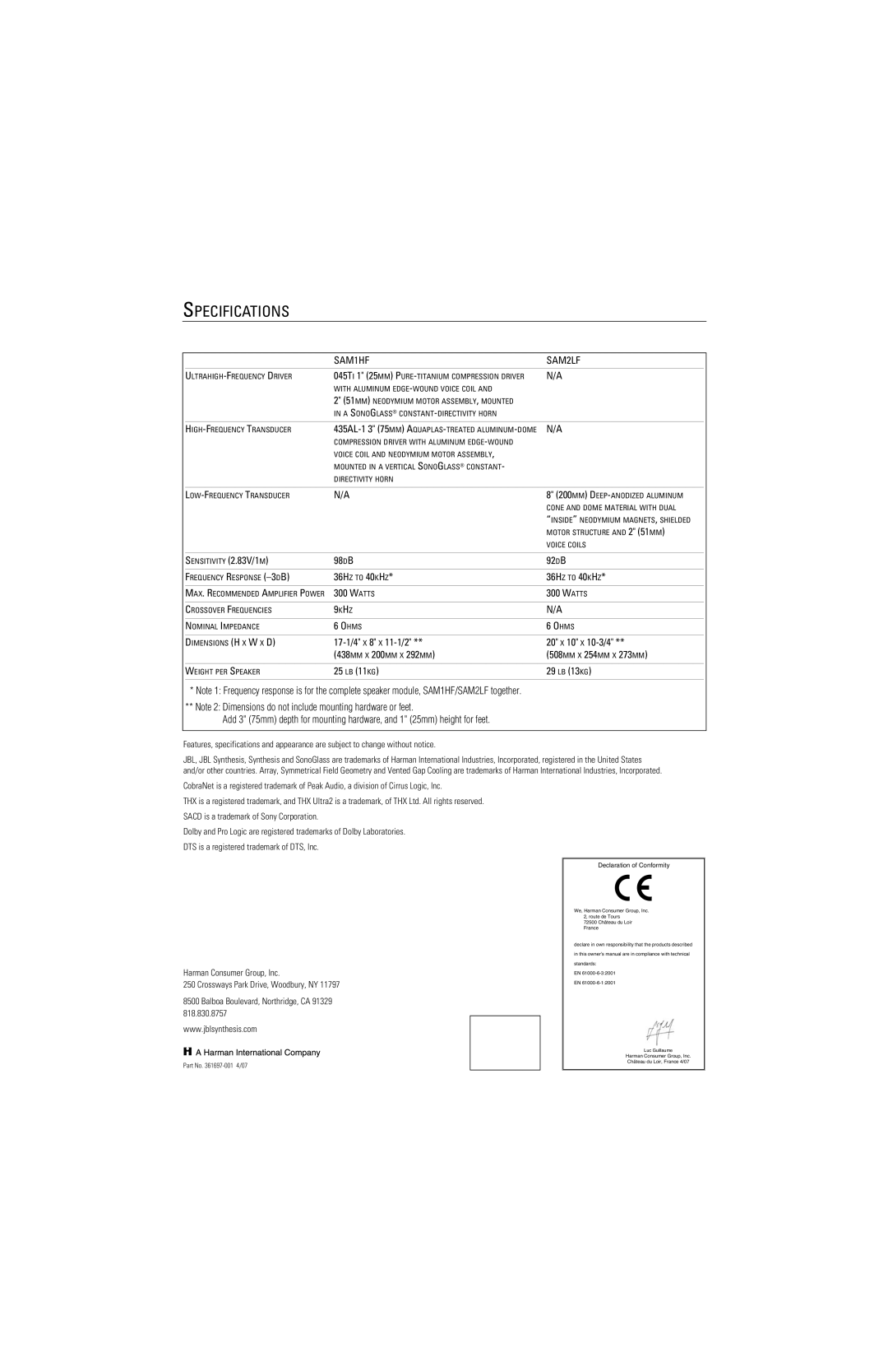 JBL manual Specifications, SAM1HF SAM2LF 