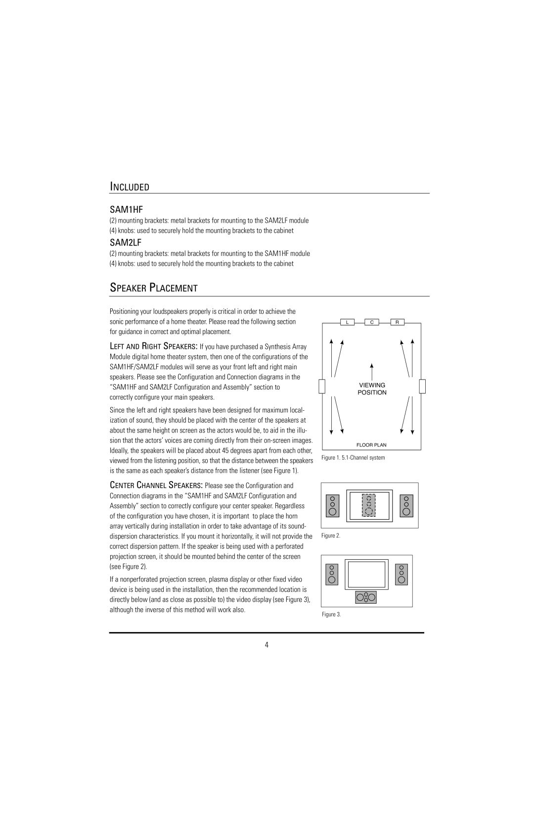 JBL SAM2LF, SAM1HF manual Included, Speaker Placement 