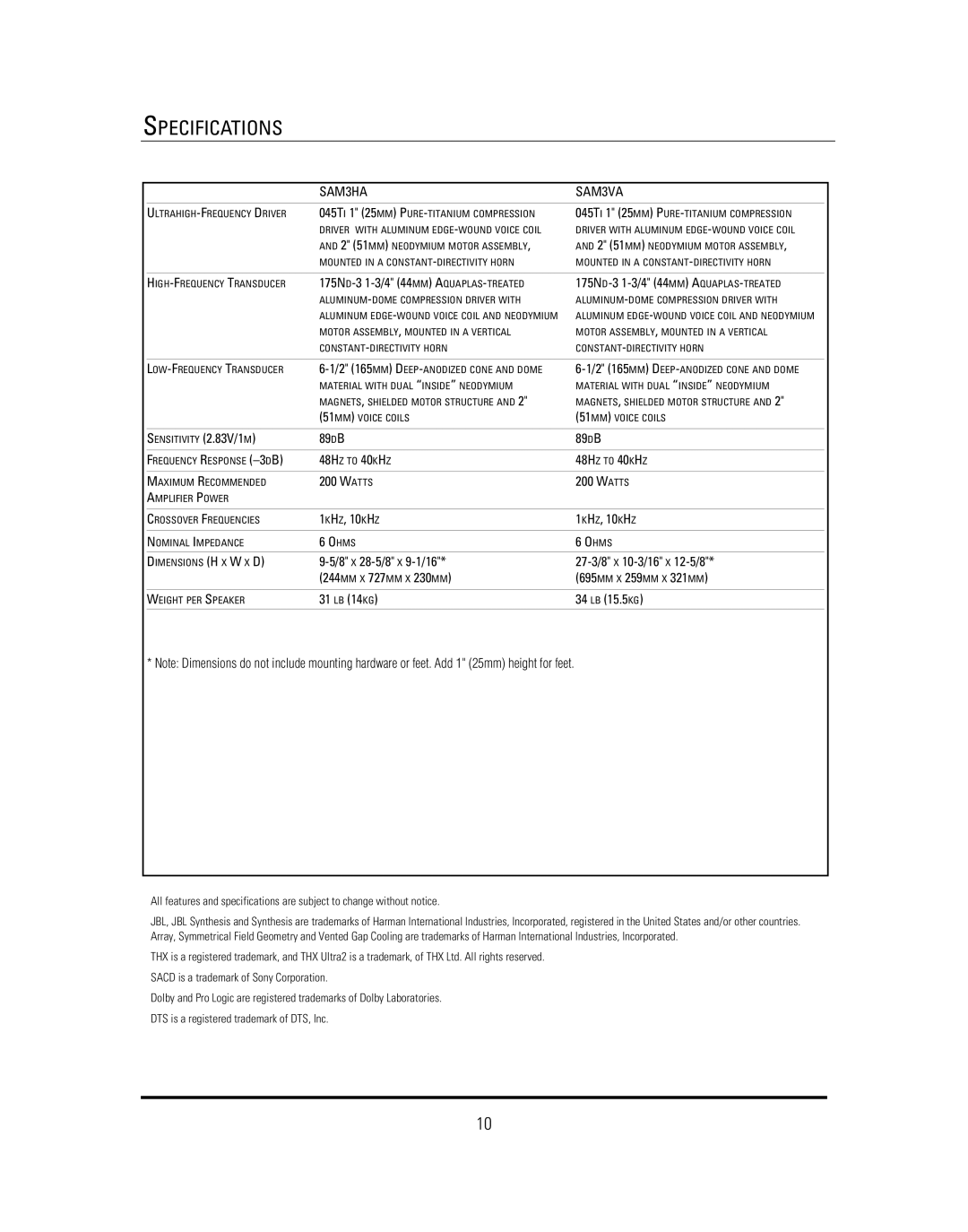 JBL manual Specifications, SAM3HA SAM3VA 