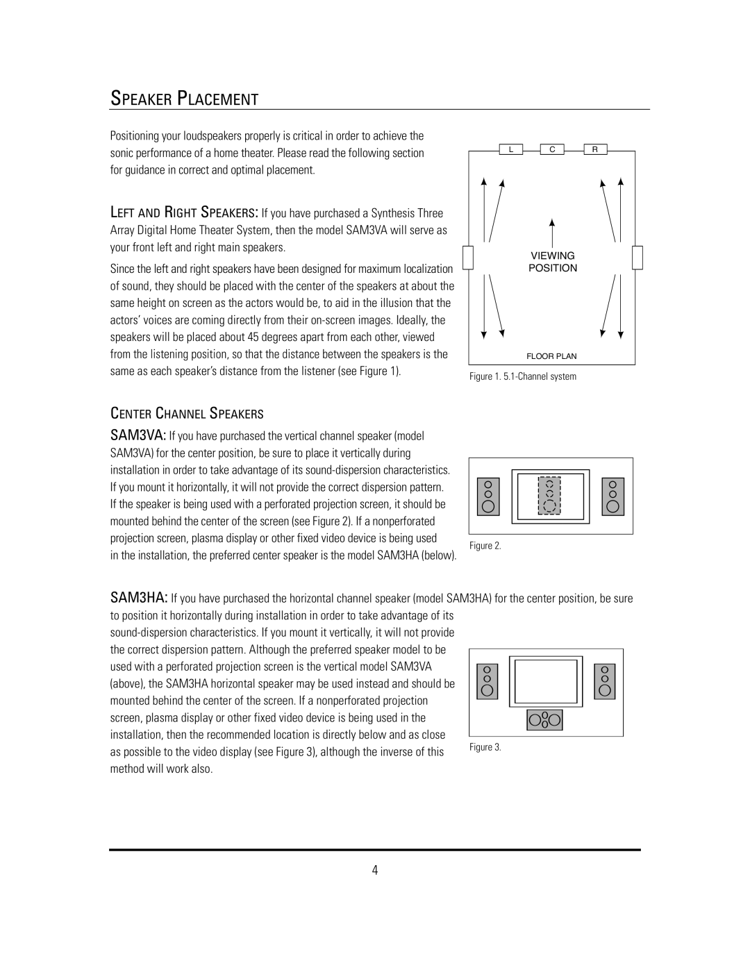 JBL SAM3VA, SAM3HA manual Speaker Placement, Center Channel Speakers 