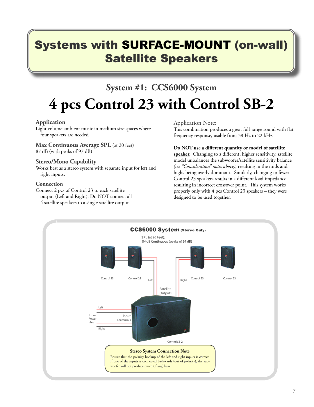 JBL SB210 manual Pcs Control 23 with Control SB-2, Application, Stereo/Mono Capability 