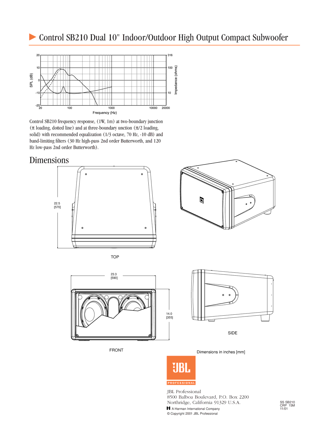 JBL SB210 specifications Dimensions 