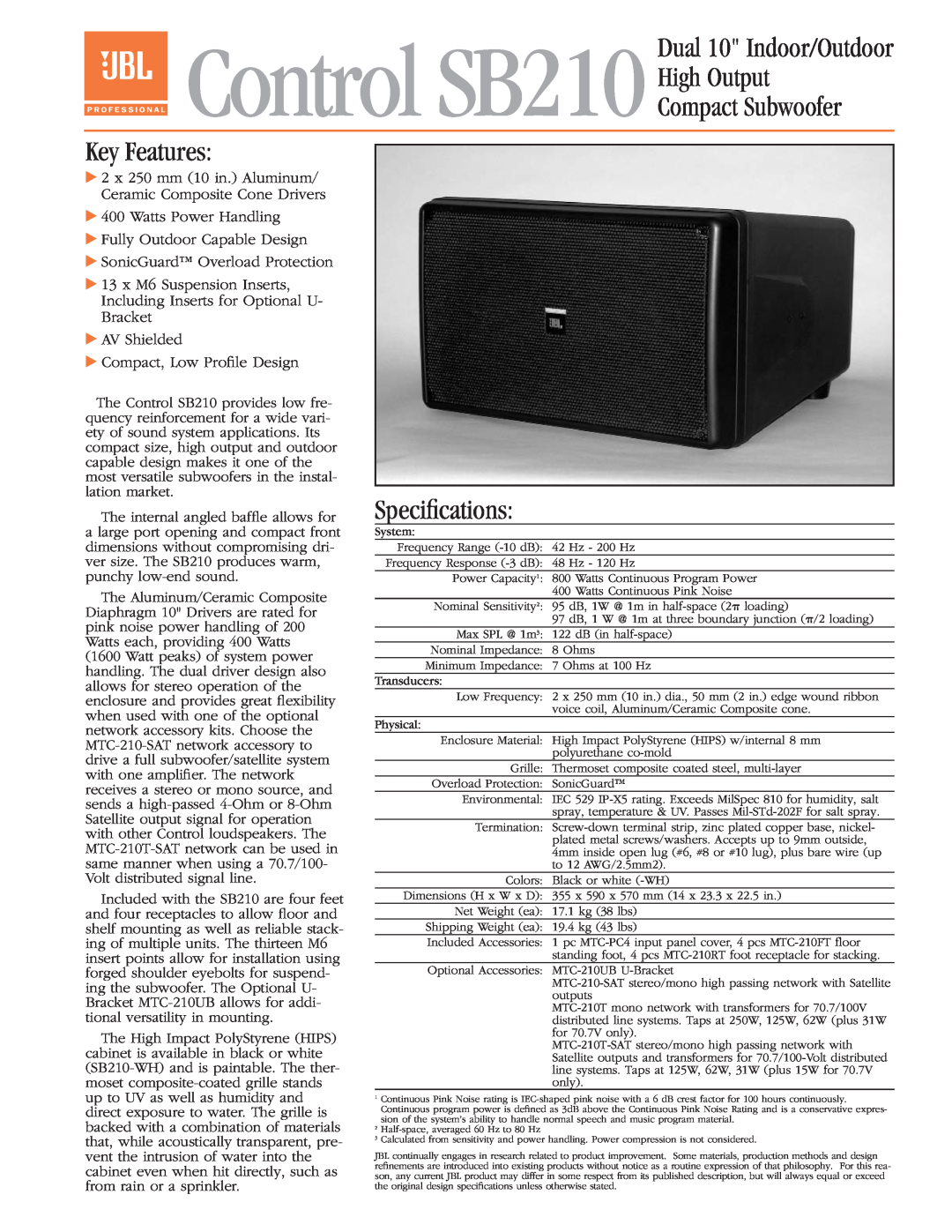 JBL specifications Dual 10 Indoor/Outdoor, Compact Subwoofer Key Features, Speciﬁcations, Control SB210 High Output 