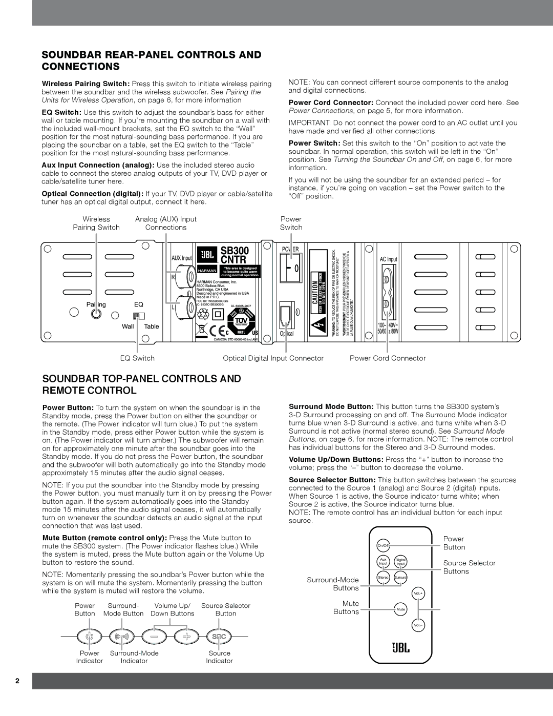 JBL SB300 quick start Soundbar REAR-PANEL Controls and Connections, 6281%$57233$1/&21752/6$1 5027&21752 