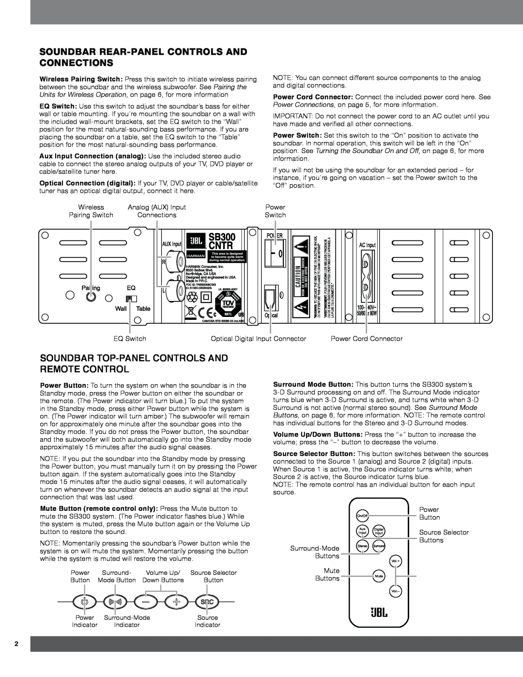JBL SB300 Soundbar Rear-Panelcontrols And Connections, 6281%$57233$1/&21752/6$1 5027&21752, Analog AUX Input, Power 