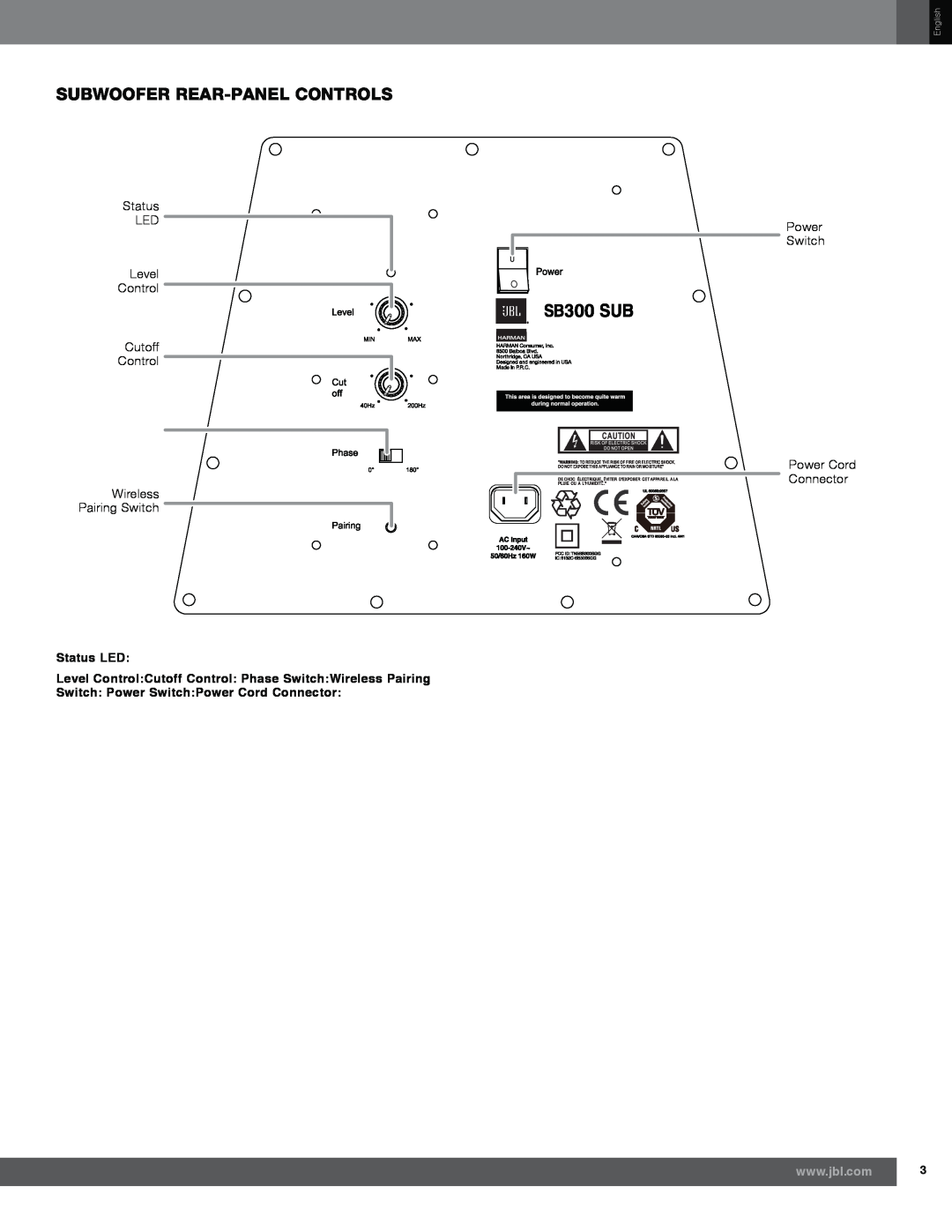JBL SB300 Subwoofer Rear-Panelcontrols, Status LED Level Control Cutoff Control Wireless, ZzzMeoFrp , Pairing Switch 