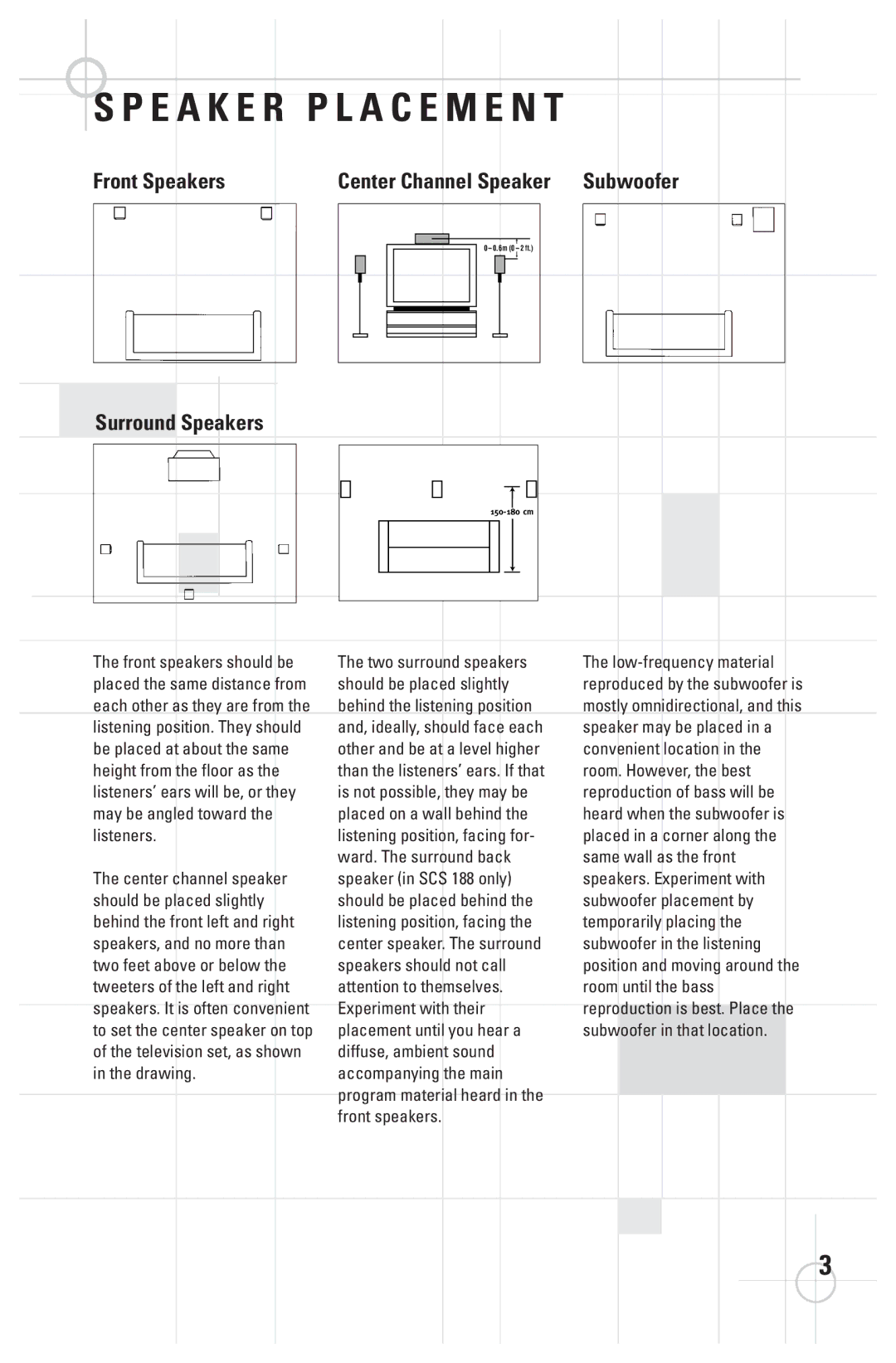 JBL SCS 188 manual A C E M E N T, Front Speakers, Center Channel Speaker Subwoofer, Surround Speakers 