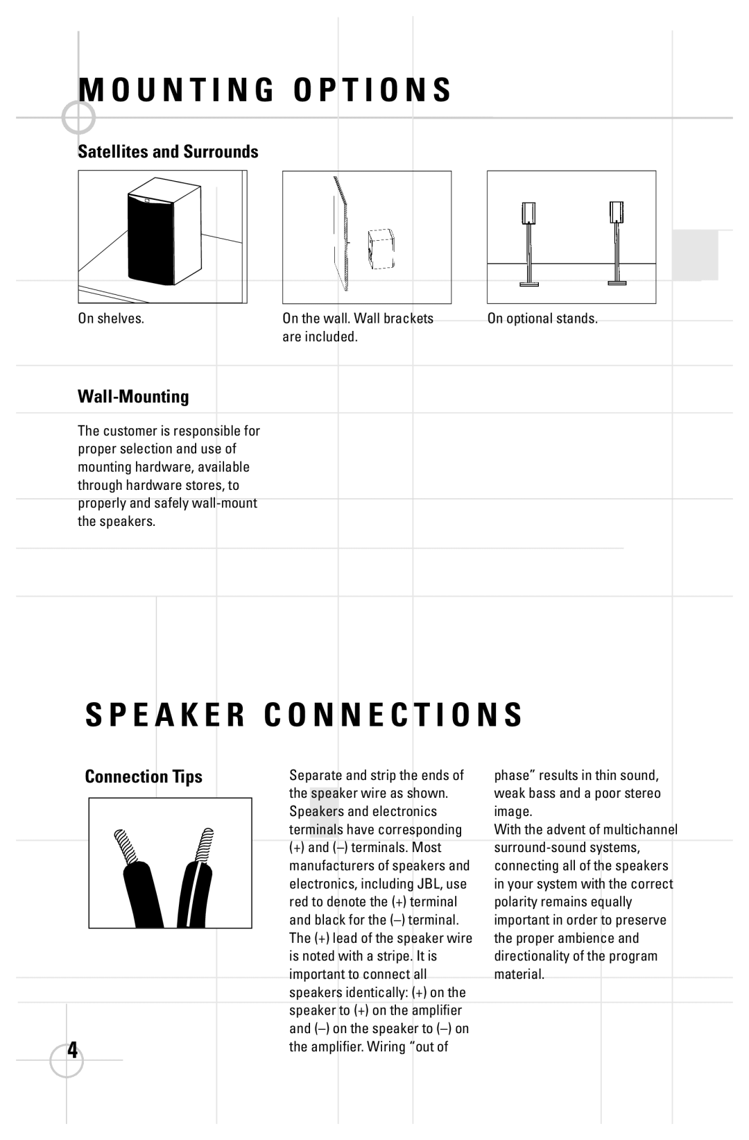 JBL SCS 188 manual U N T I N G O P T I O N S, E R C O N N E C T I O N S, Satellites and Surrounds, Wall-Mounting, Tips 