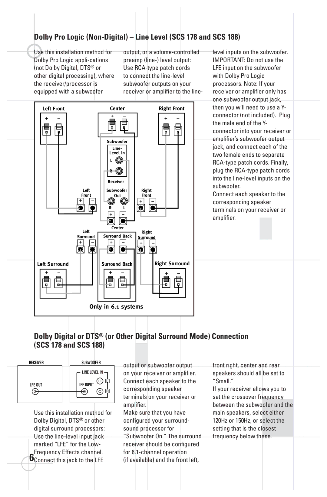 JBL SCS 188 manual Dolby Pro Logic Non-Digital Line Level SCS 178 and SCS 