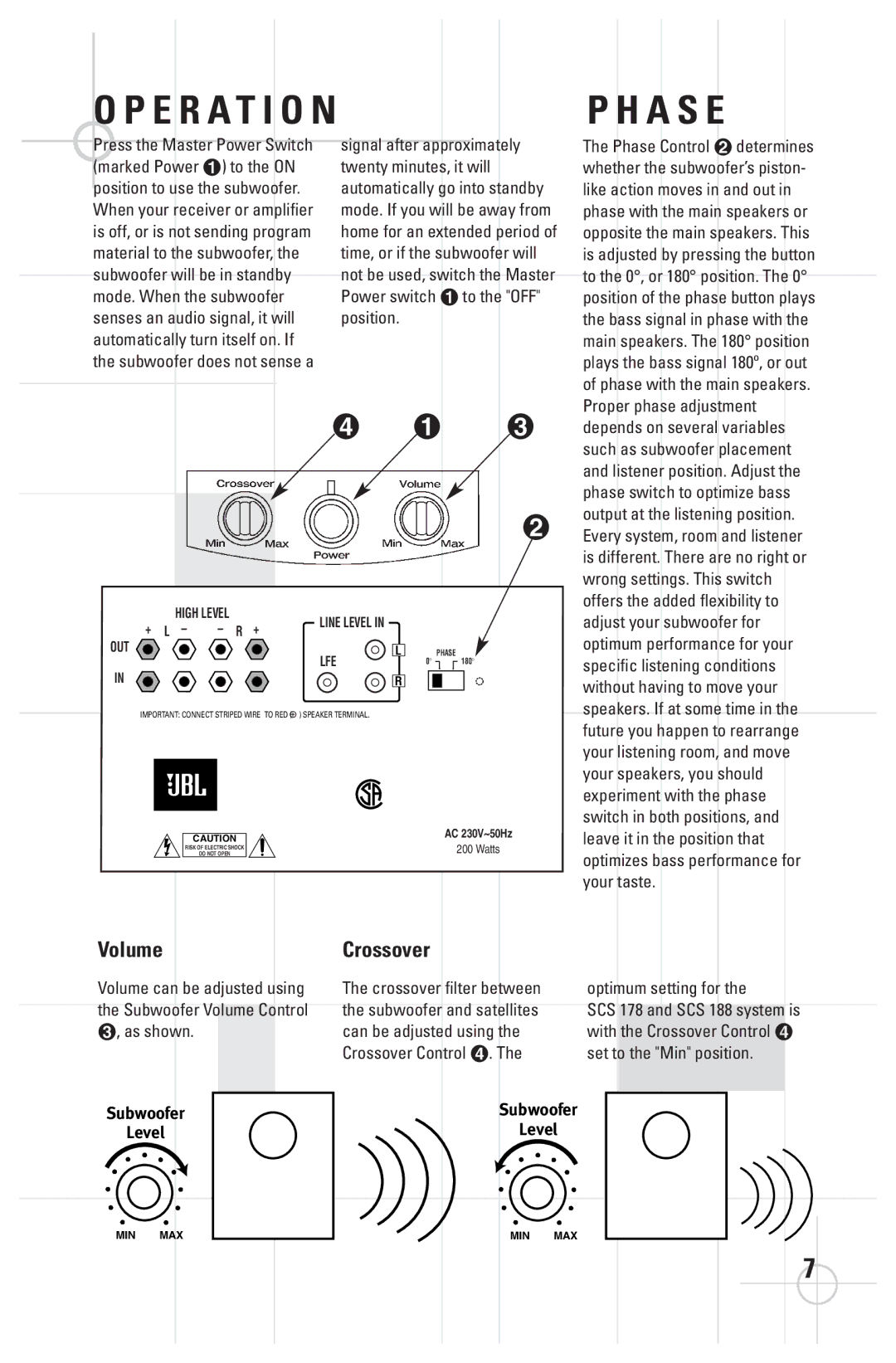 JBL SCS 188 manual A S E, Volume, Can be adjusted using, Crossover Control ¢. Set to the Min position 